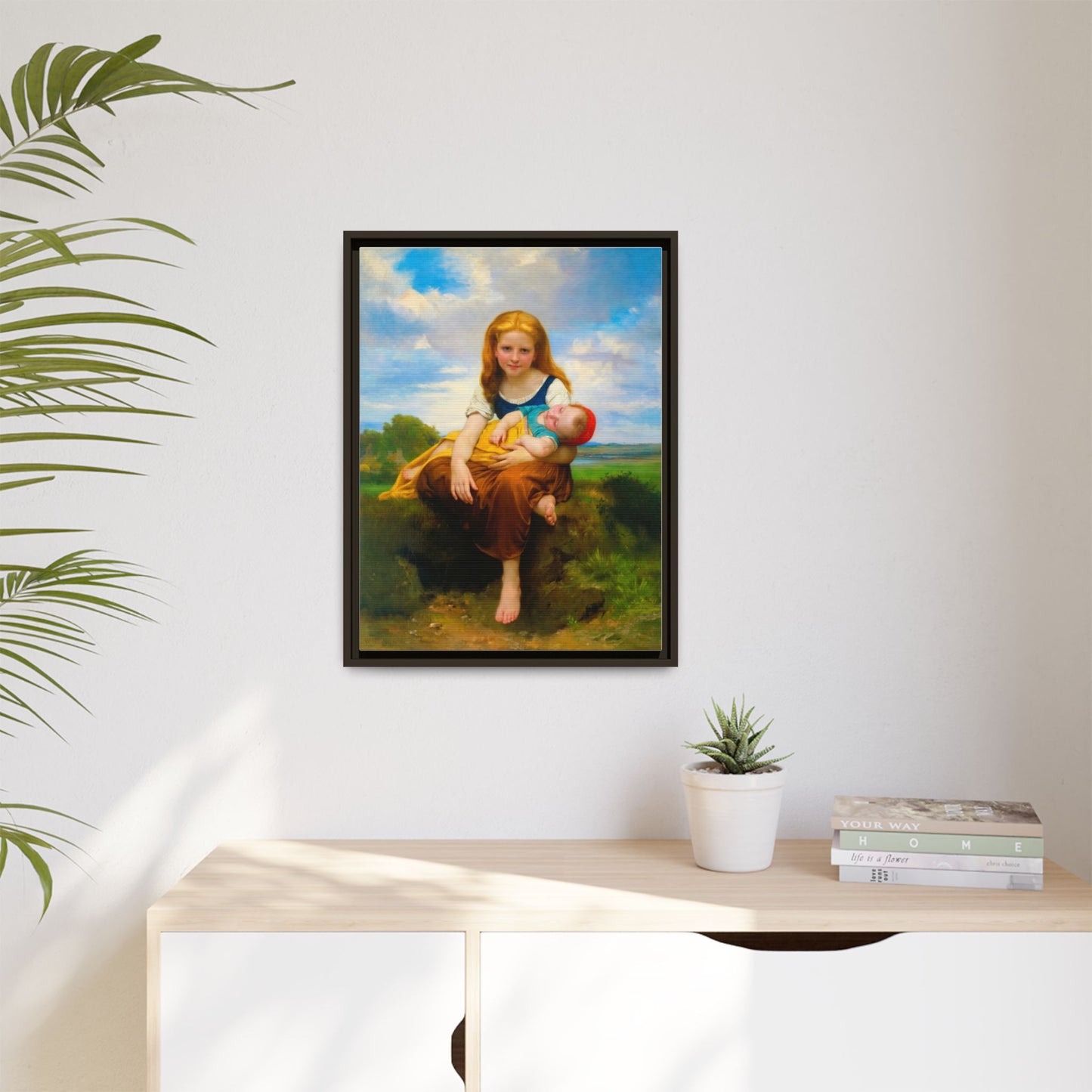 Young Girl Holding Sleeping Baby Canvas Print, Framed Wall Art