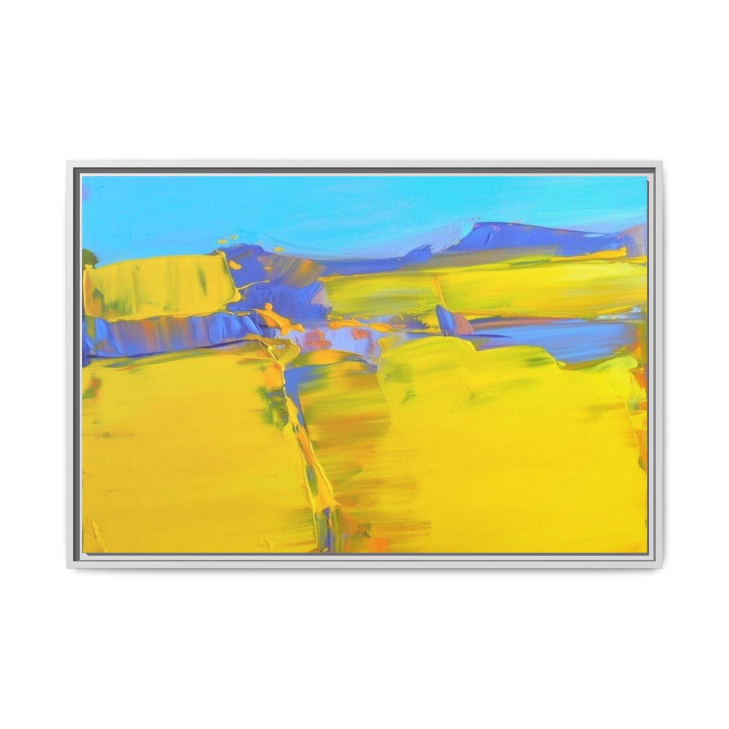 Framed Matte Canvas  Vibrant Yellow Blue Abstract Landscape Art
