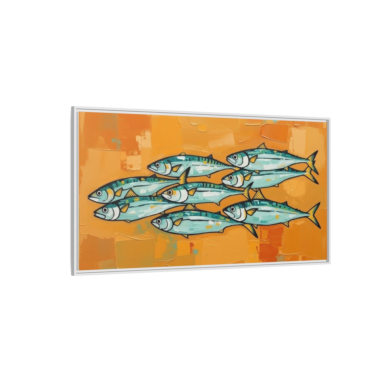 Framed Matte Canvas Print — School of Blue Fish on Orange Abstract Background