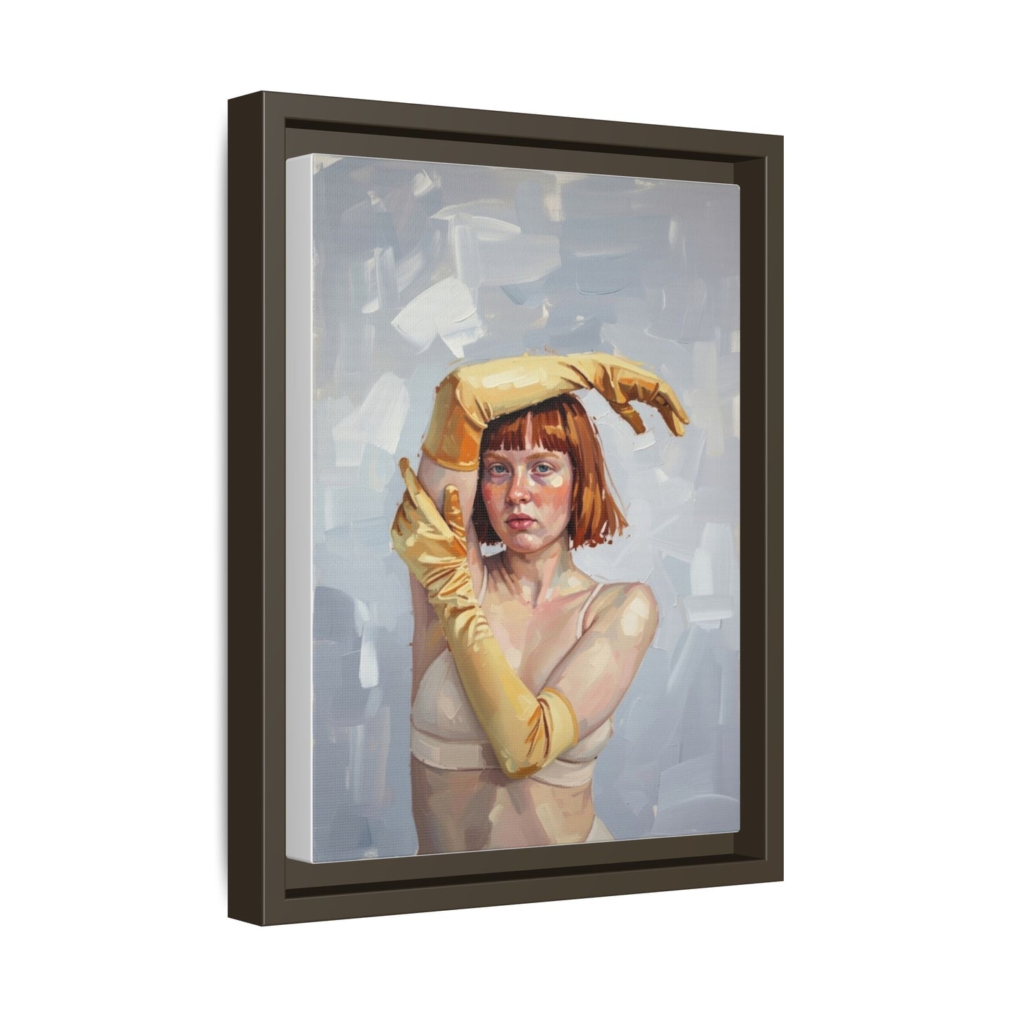 Contemporary Portrait Canvas Print — Woman with Yellow Gloves (Framed Matte)