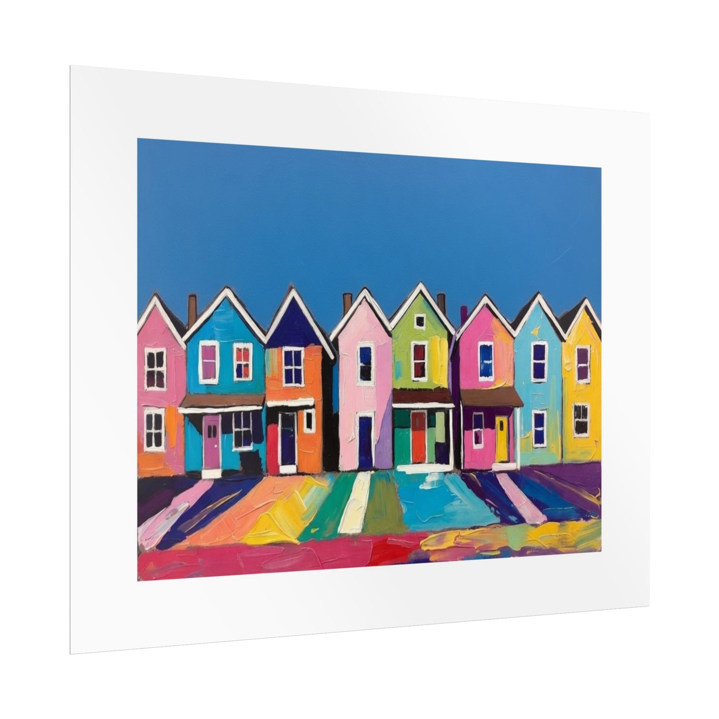 Colorful Row Houses Art Poster — Vibrant Coastal Street Wall Print