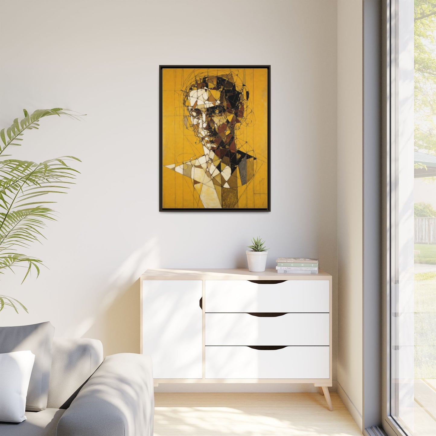 Framed Matte Canvas Art - Abstract Geometric Portrait on Mustard Yellow
