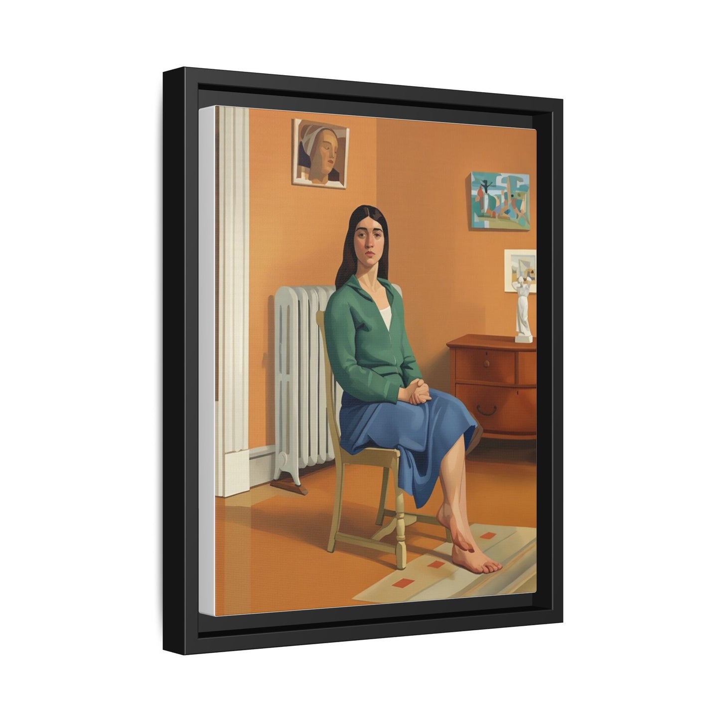 Framed Matte Canvas Print — Woman Seated in Warm Interior (Midcentury Portrait)