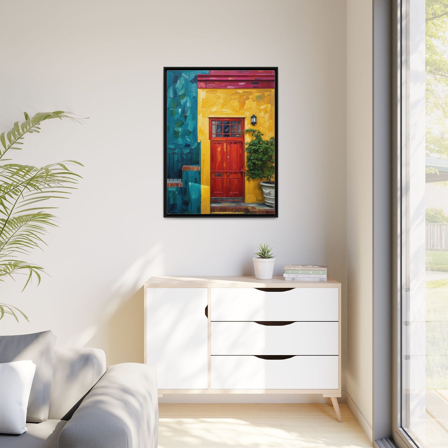 Framed Matte Canvas Wall Art — Colorful Red Door on Yellow Facade