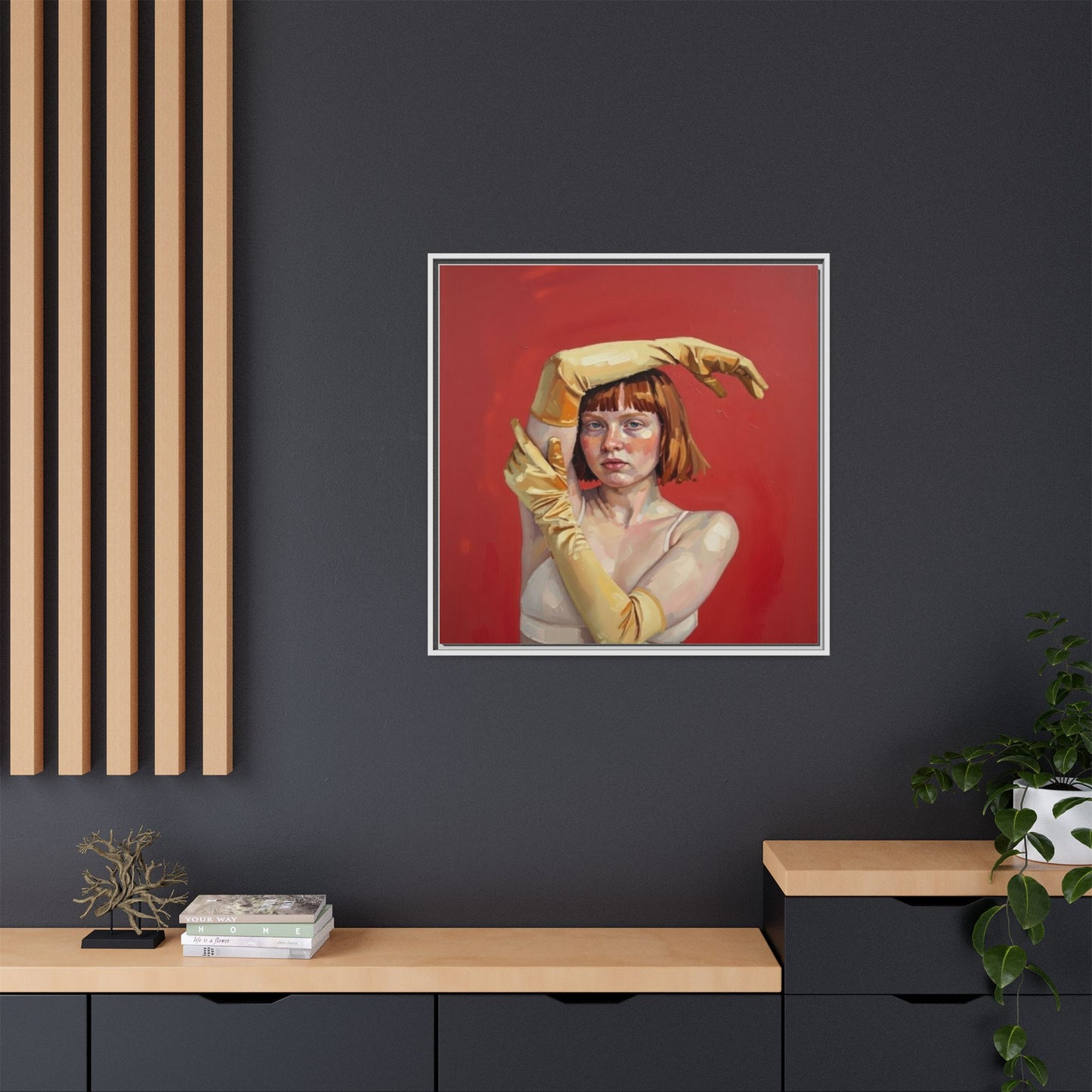 Framed Matte Canvas Art - Portrait of Woman in Yellow Gloves (Red Background)