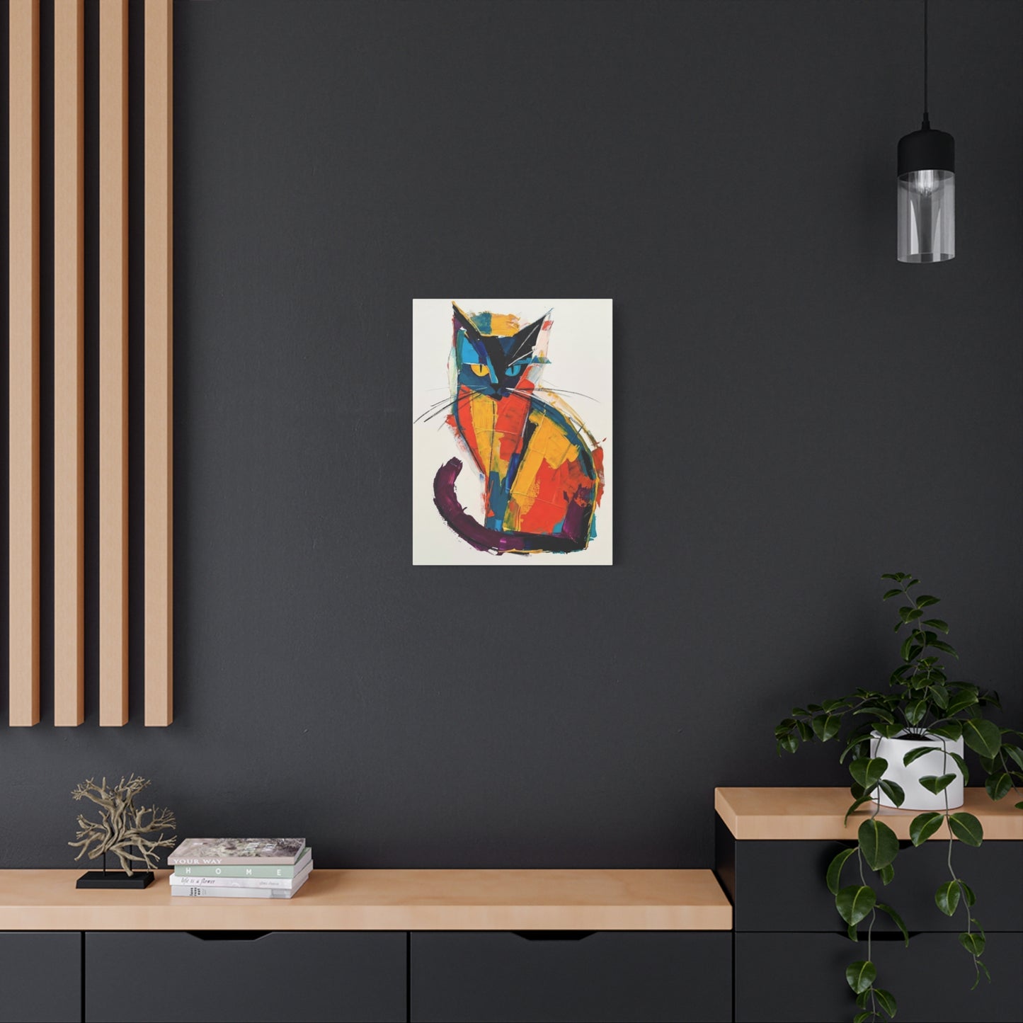 Colorful Abstract Cat Canvas Art - Modern Stretched Matte Wall Decor