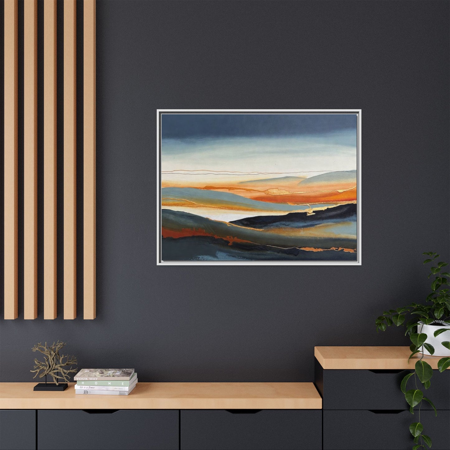 Framed Matte Canvas: Abstract Coastal Sunset Landscape Wall Art