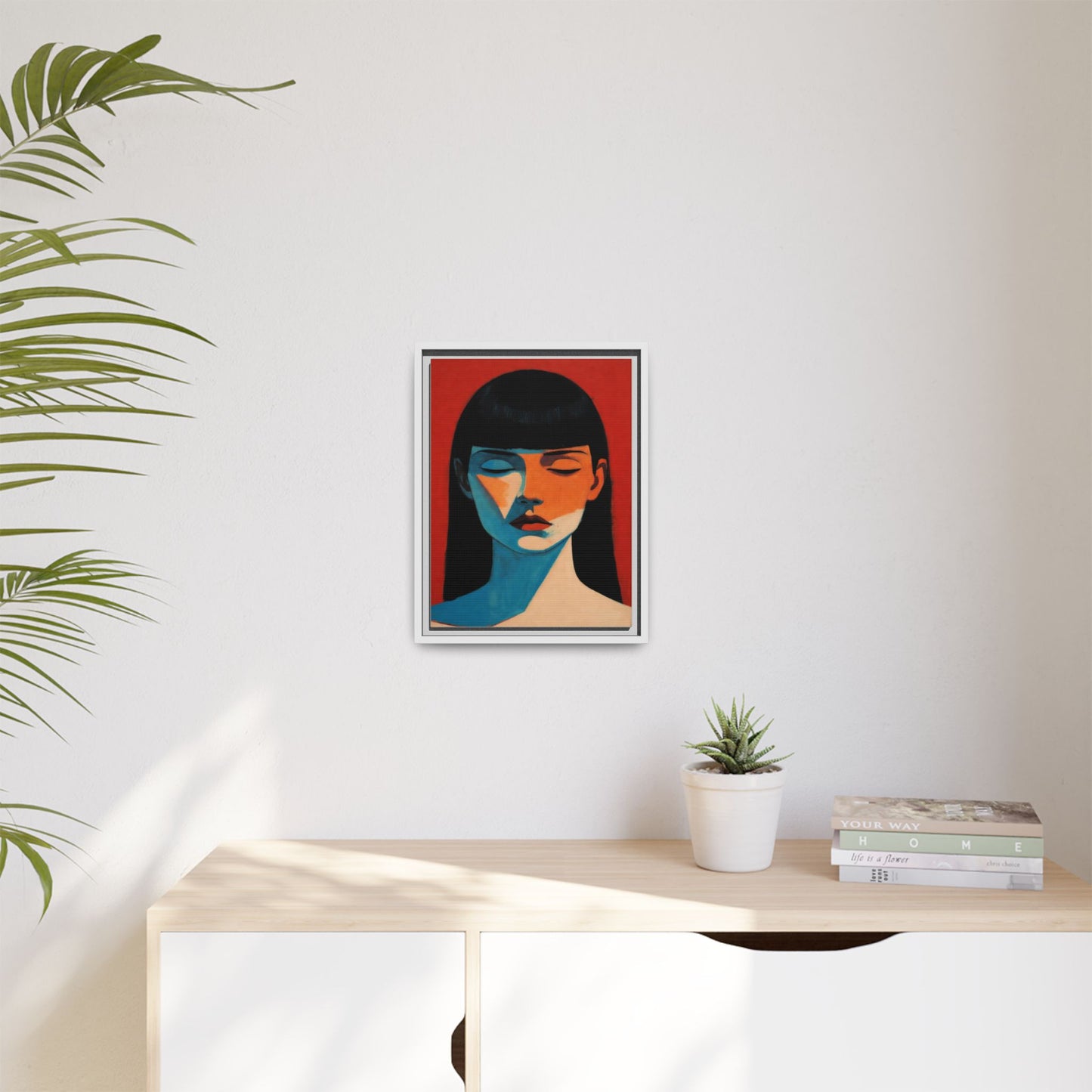 Framed Matte Canvas Art – Minimalist Portrait in Red & Teal