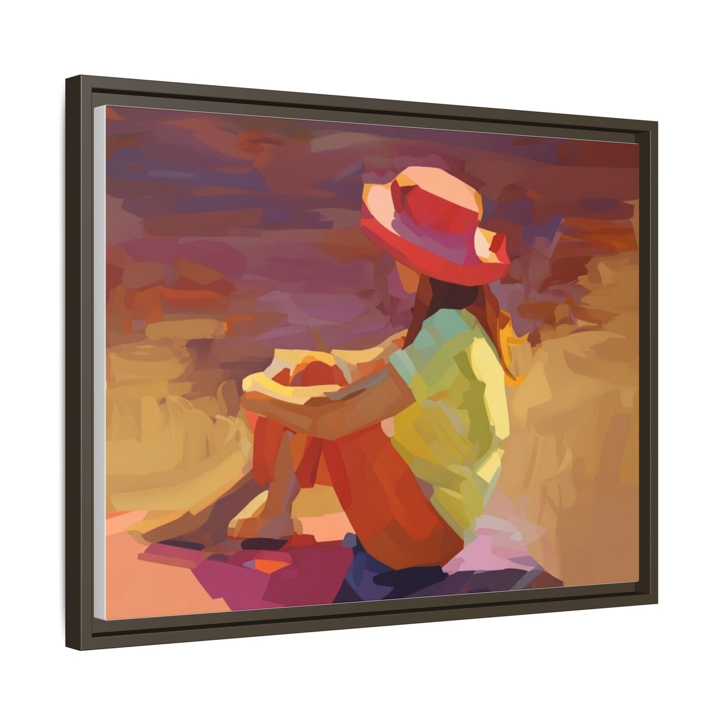 Framed Matte Canvas — Colorful Seated Girl Beach Art