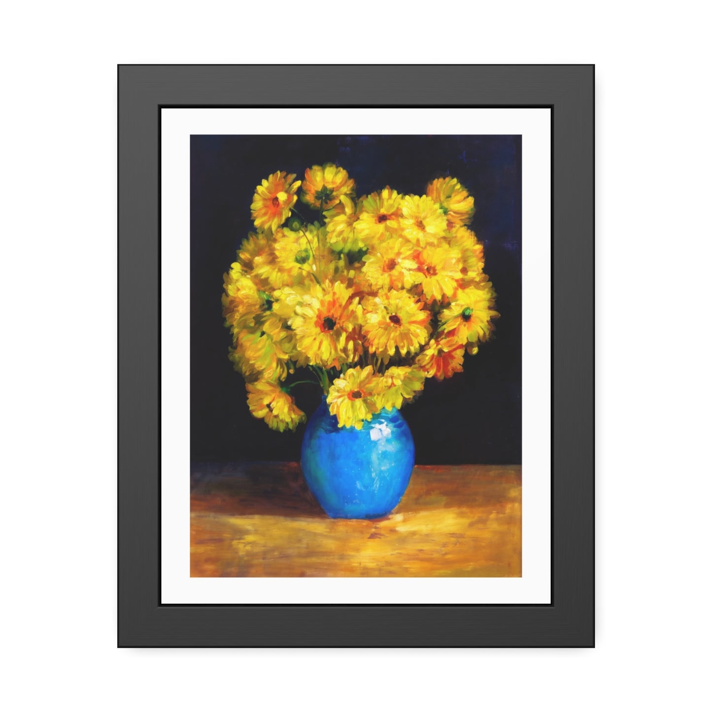 Framed Art Print — Yellow Daisy Bouquet in Blue Vase