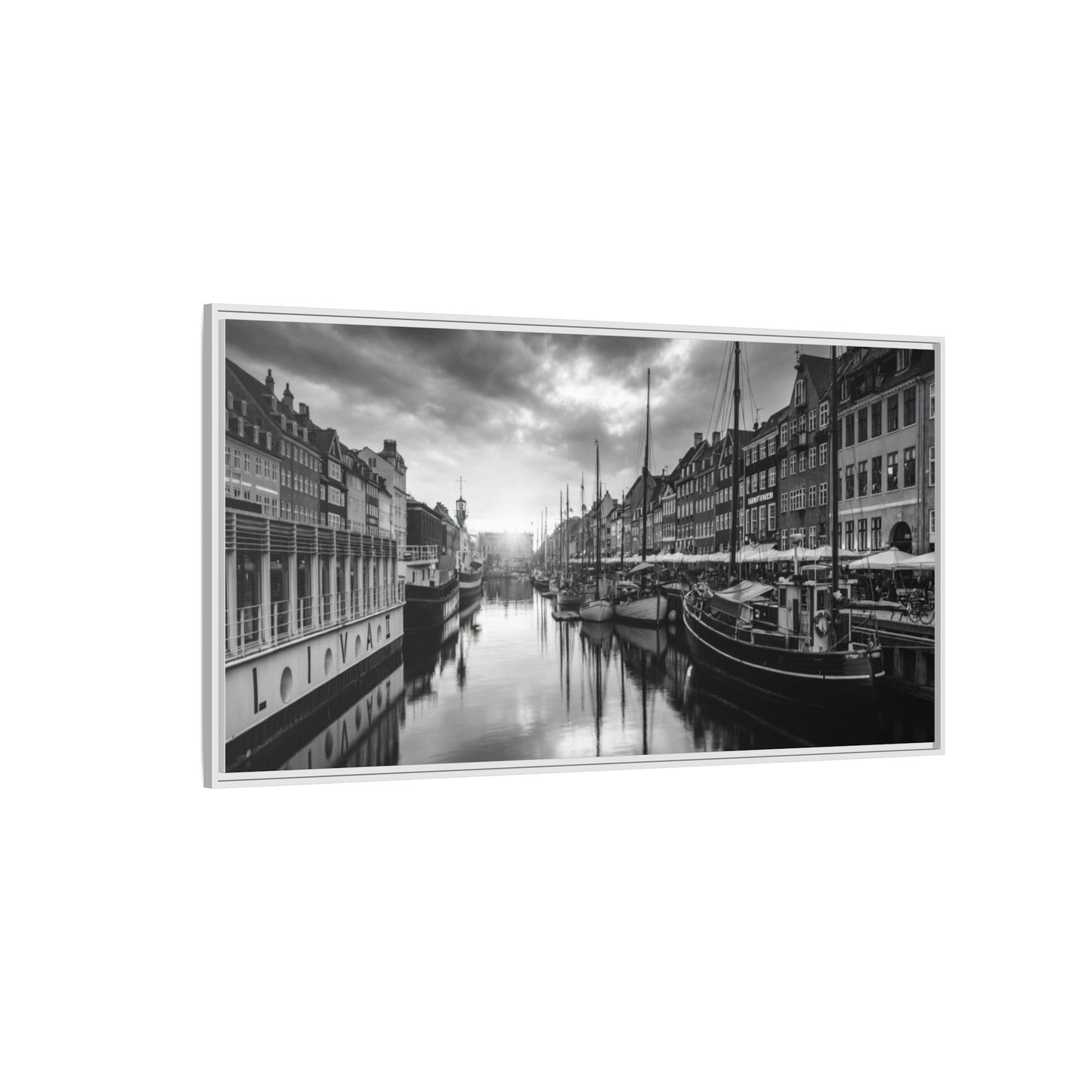 Framed Matte Canvas: Black & White Dutch Canal Photography Wall Art