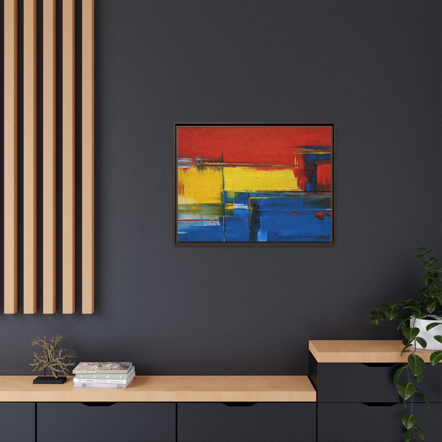 Abstract Color Block Matte Canvas Framed Wall Art — Modern Red Yellow Blue Painting