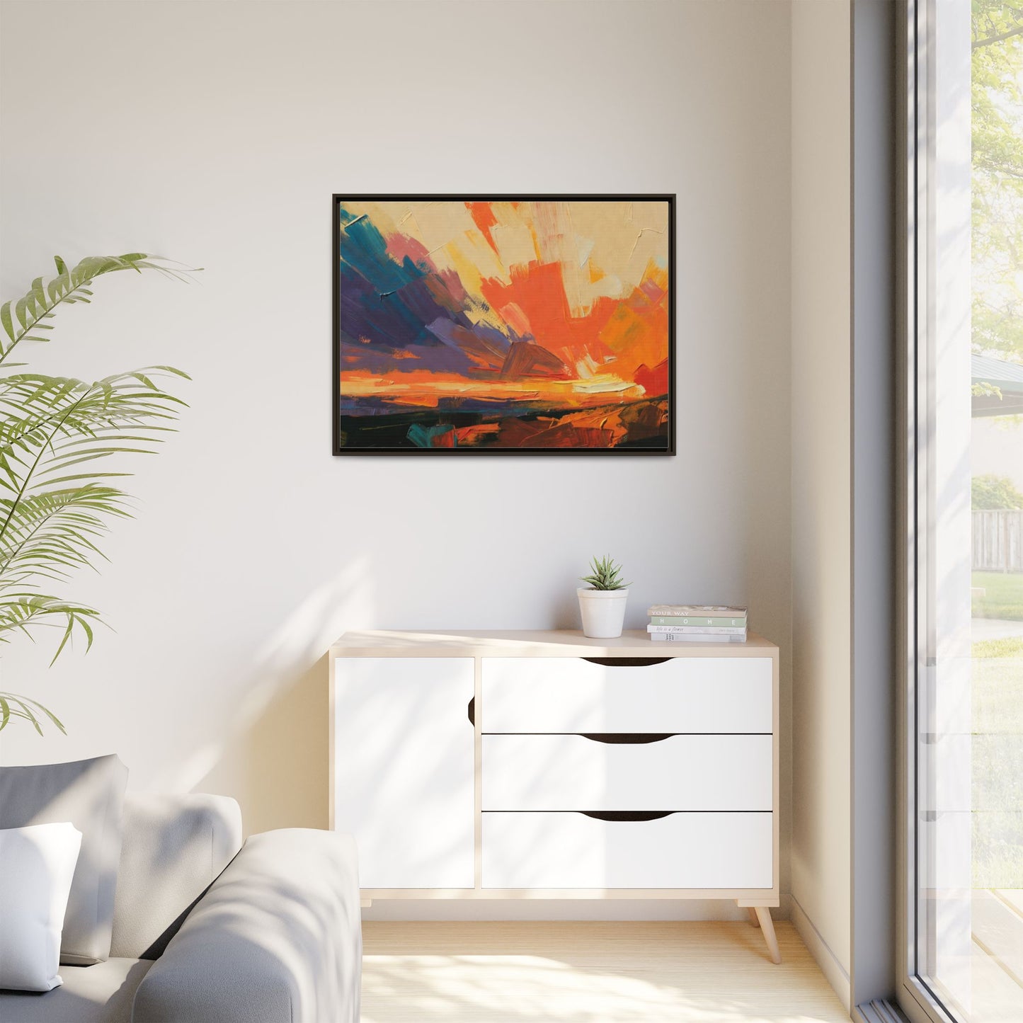 Framed Abstract Sunset Canvas Art – Multicolor Matte Wall Decor