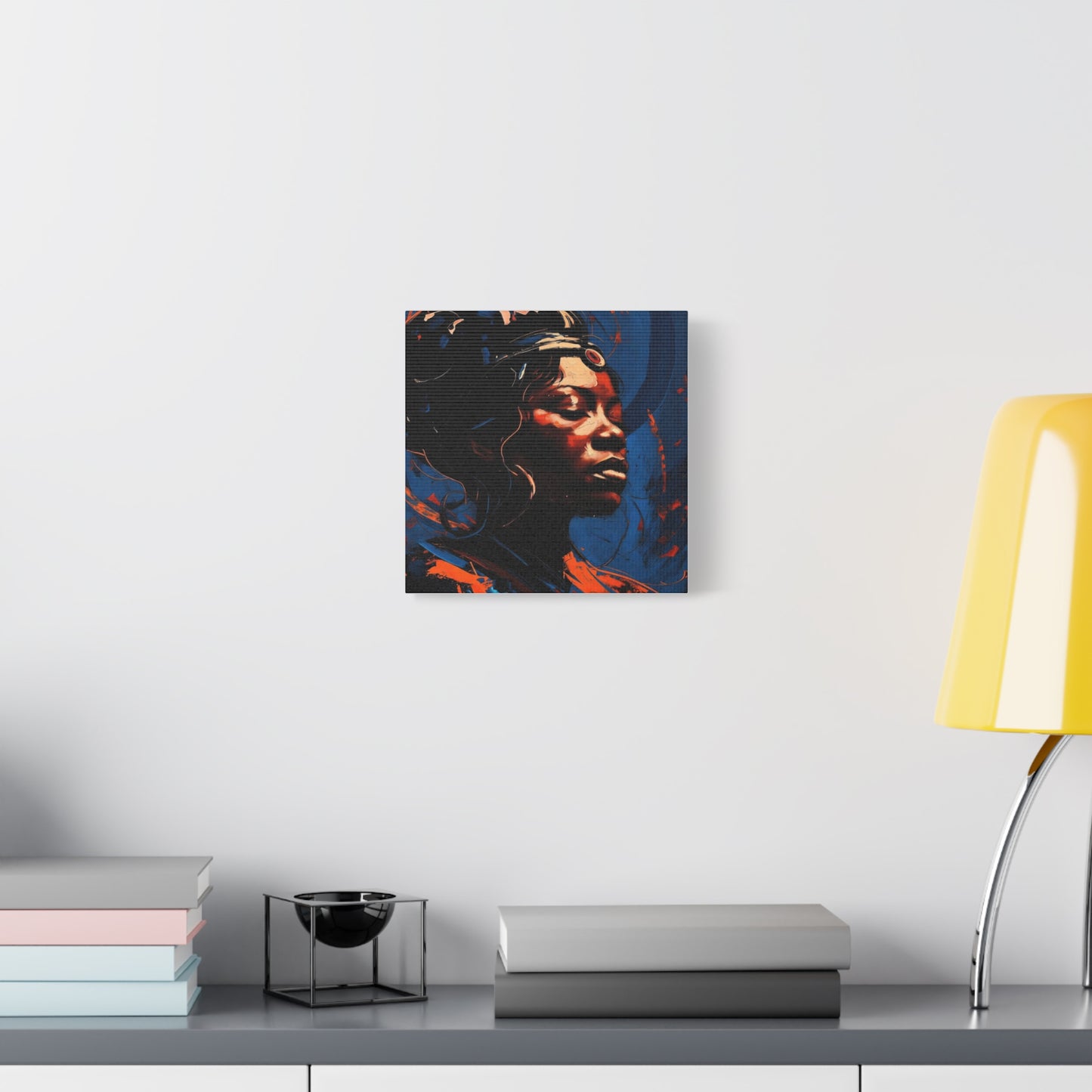 Regal Afrocentric Portrait Matte Canvas Art – Vibrant Blue & Orange Stretched Wall Decor