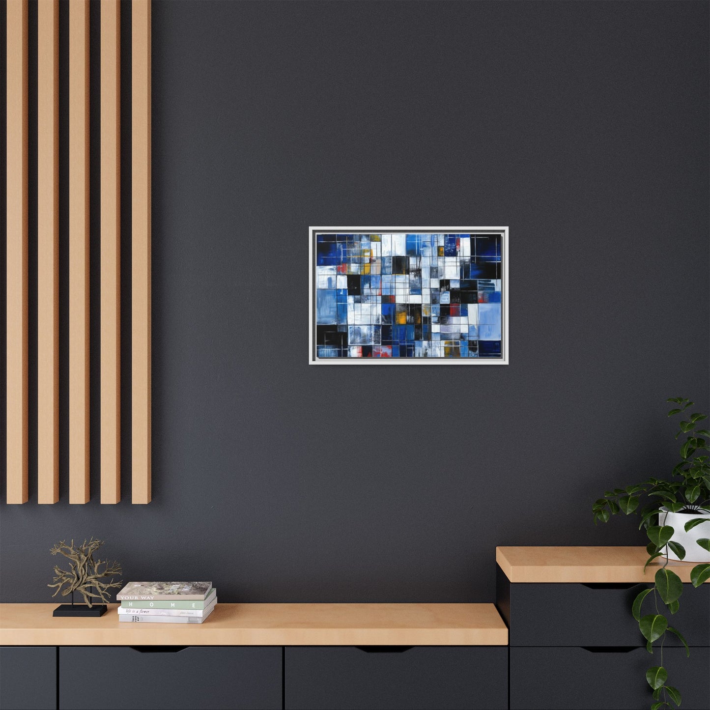 Abstract Blue Grid Matte Canvas Framed Art Print