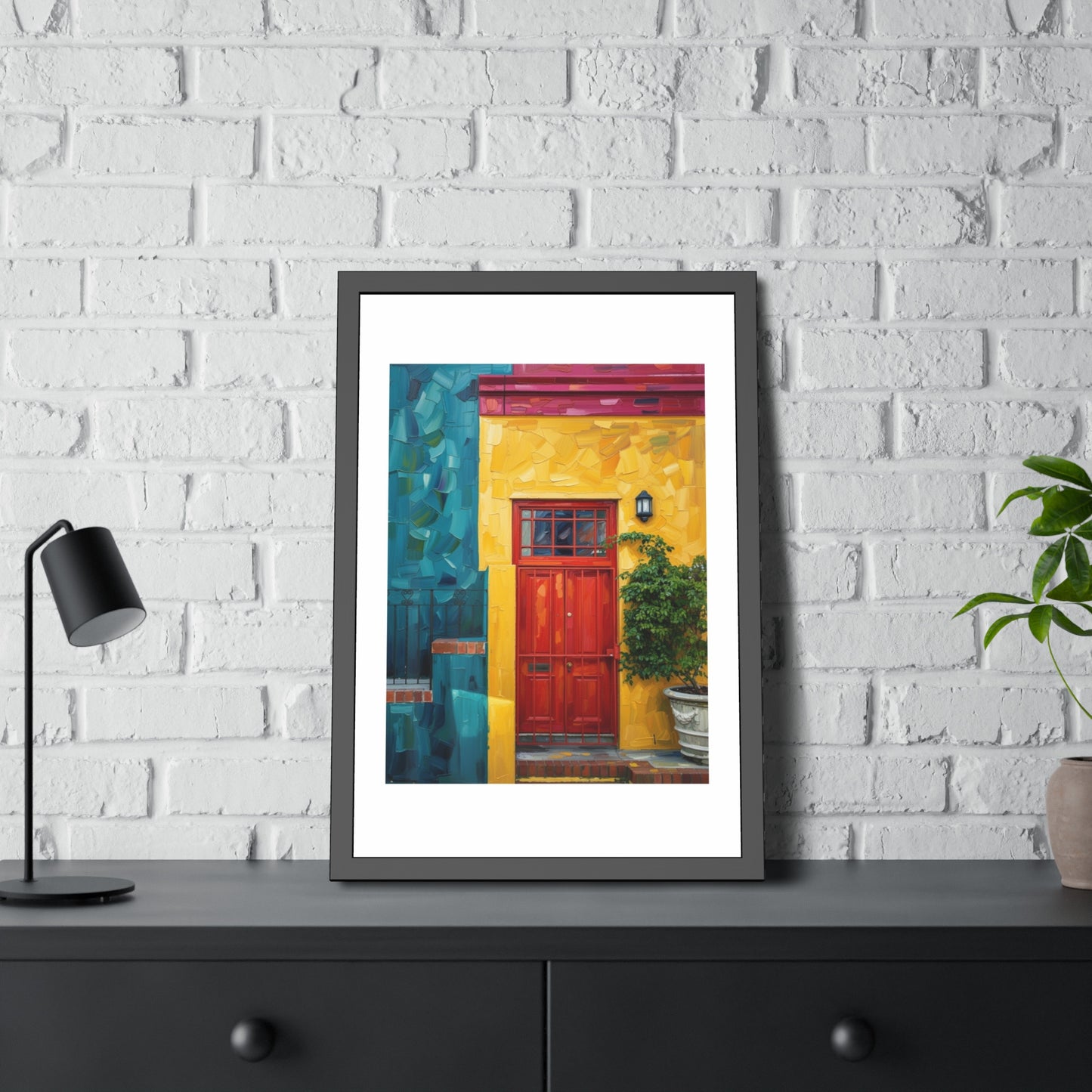 Framed Art Print - Vibrant Red Door Street Scene Poster