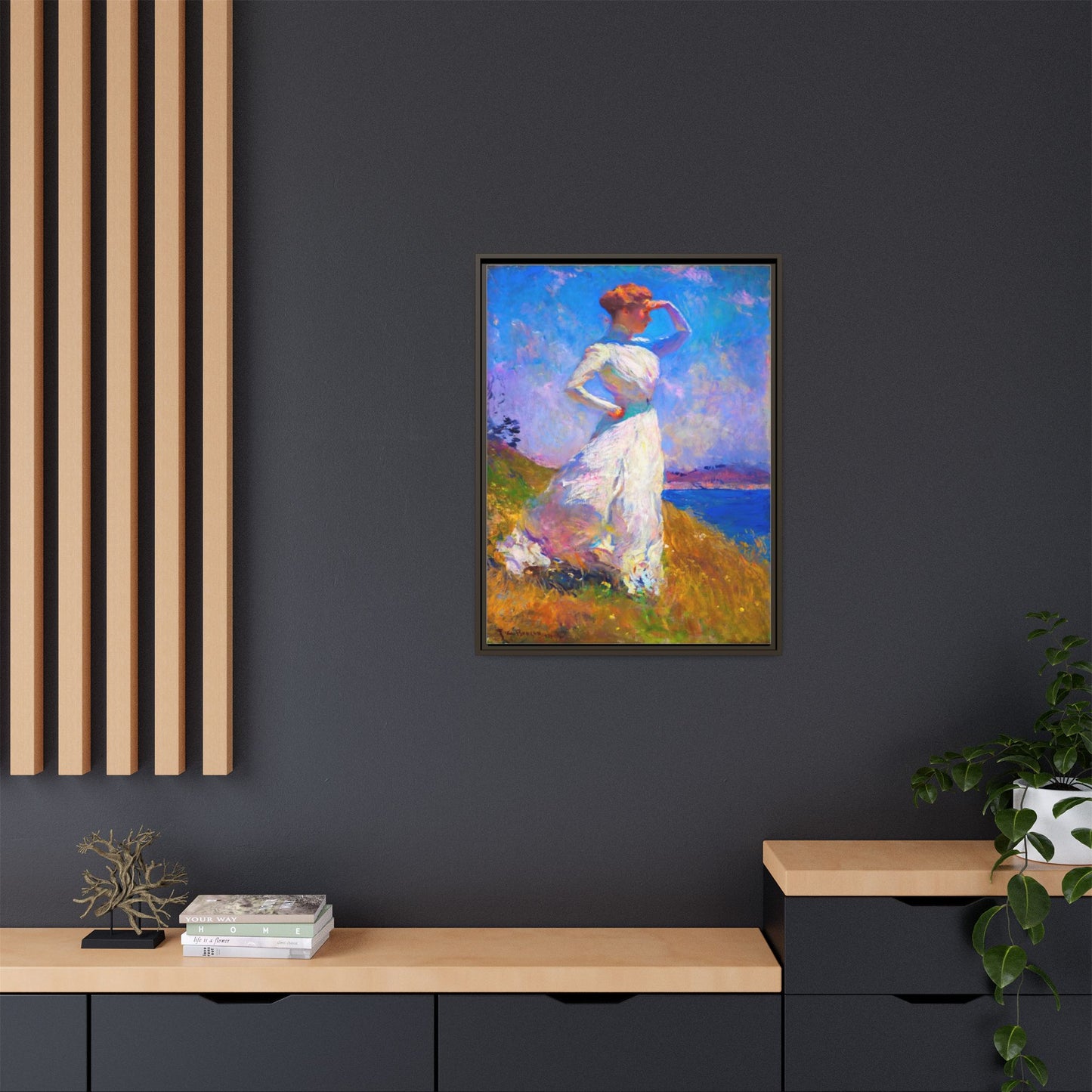 Framed Matte Canvas Art - Woman in White Seaside Impressionist Print