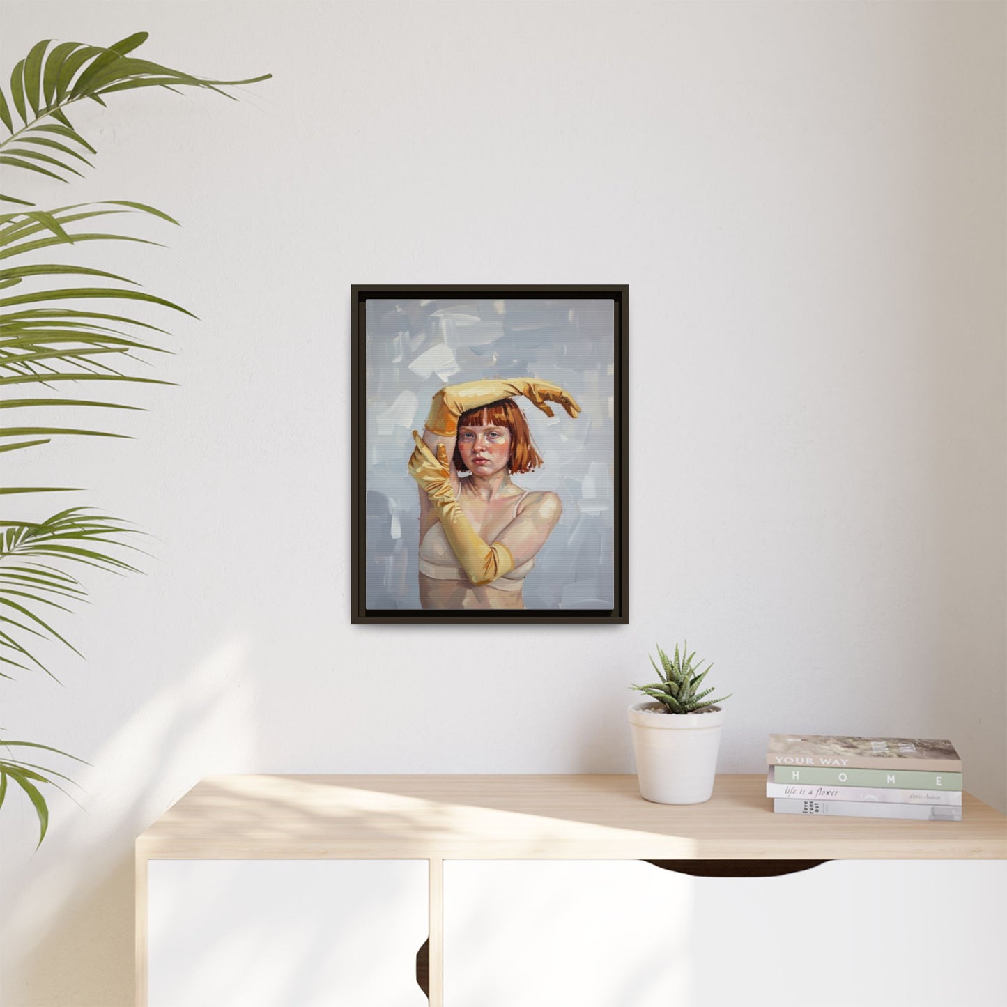 Contemporary Portrait Canvas Print — Woman with Yellow Gloves (Framed Matte)