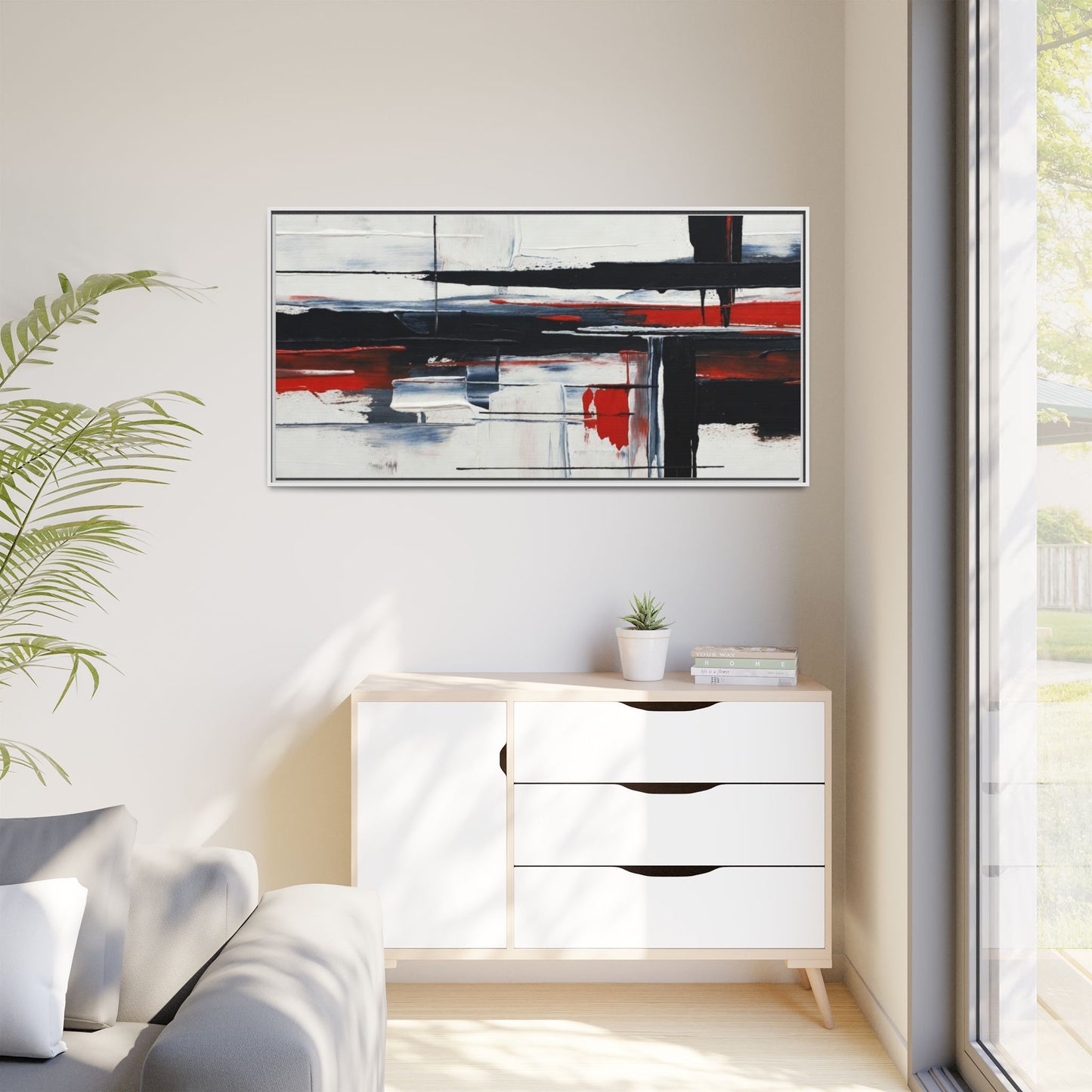 Abstract Red & Black Framed Canvas Art — Modern Matte Wall Painting