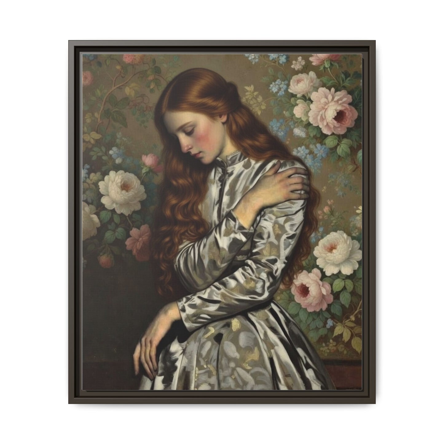 Framed Matte Canvas Art — Vintage Floral Portrait of a Young Woman