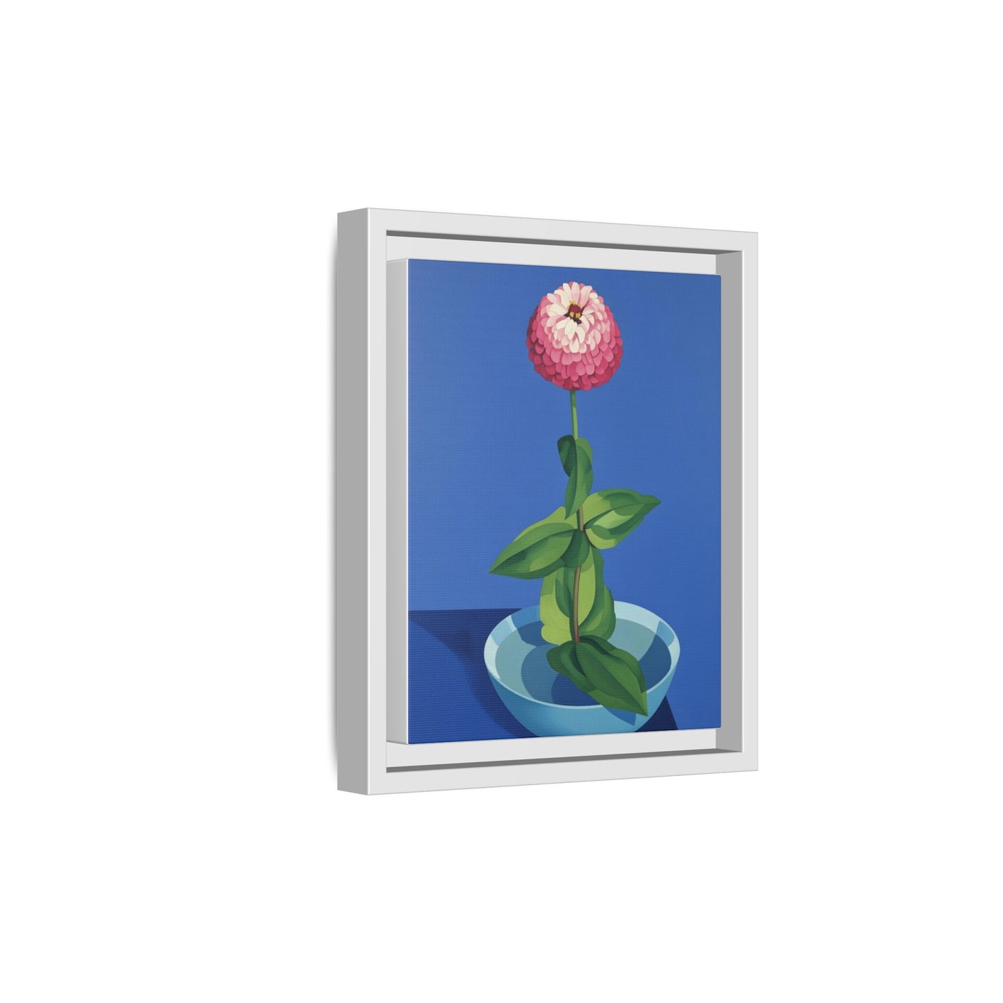Framed Matte Canvas Art — Pink Zinnia in Blue Bowl (Botanical Still Life)