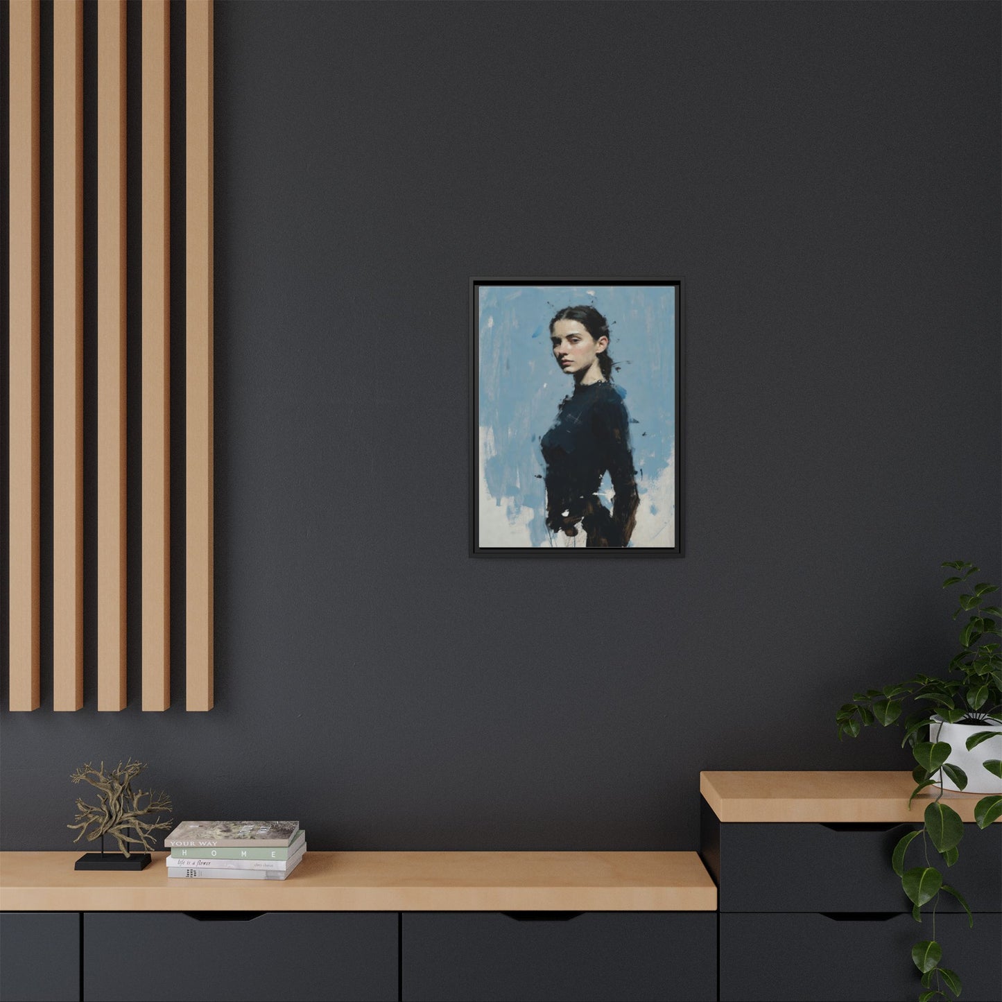 Framed Matte Canvas Portrait Print — Elegant Blue Woman Art