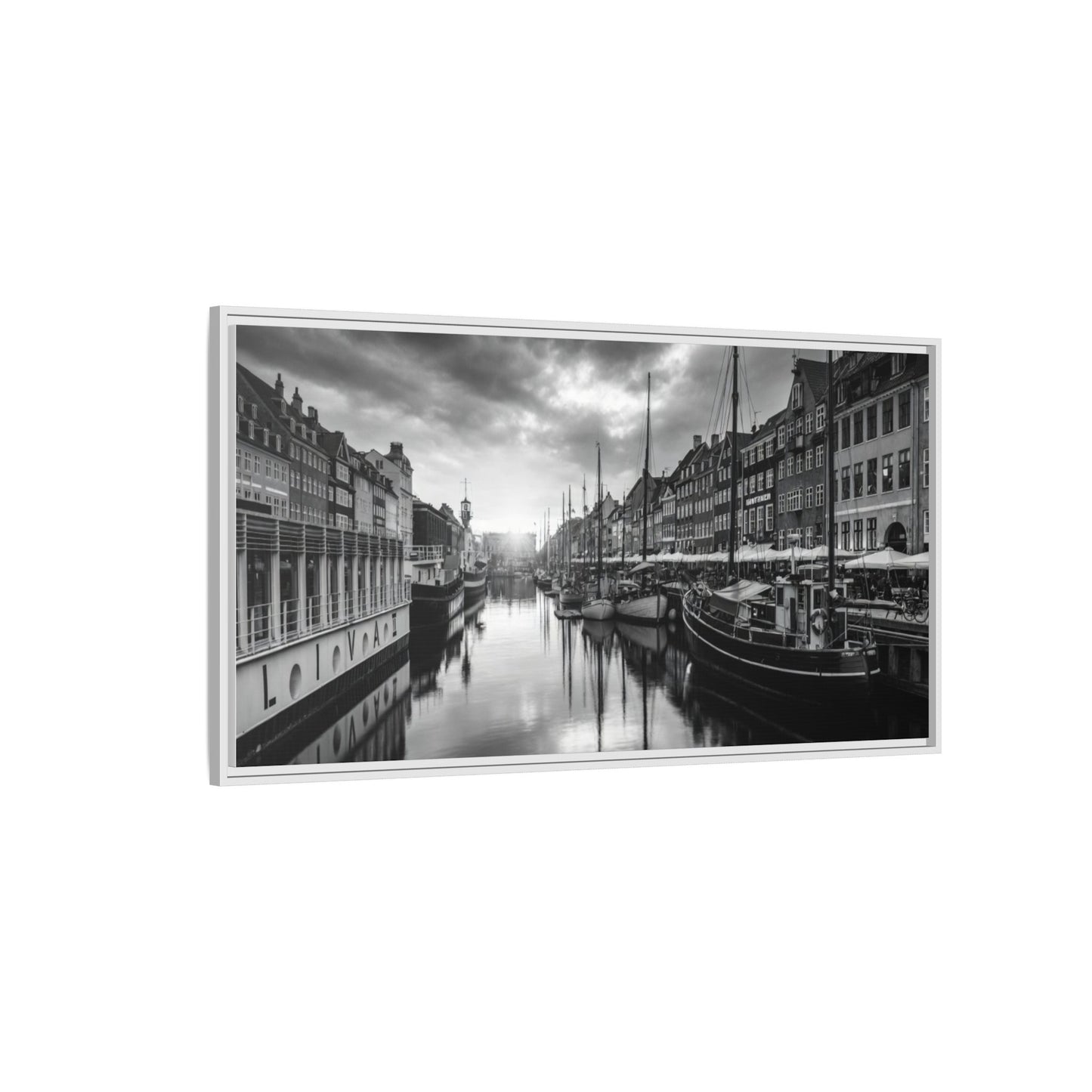 Framed Matte Canvas: Black & White Dutch Canal Photography Wall Art