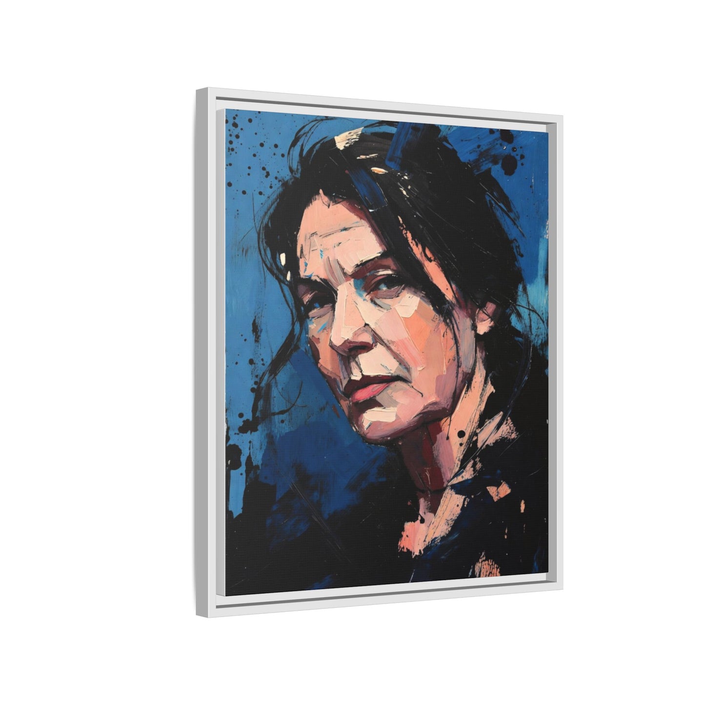 Framed Matte Canvas Portrait — Expressive Blue Painterly Woman Art