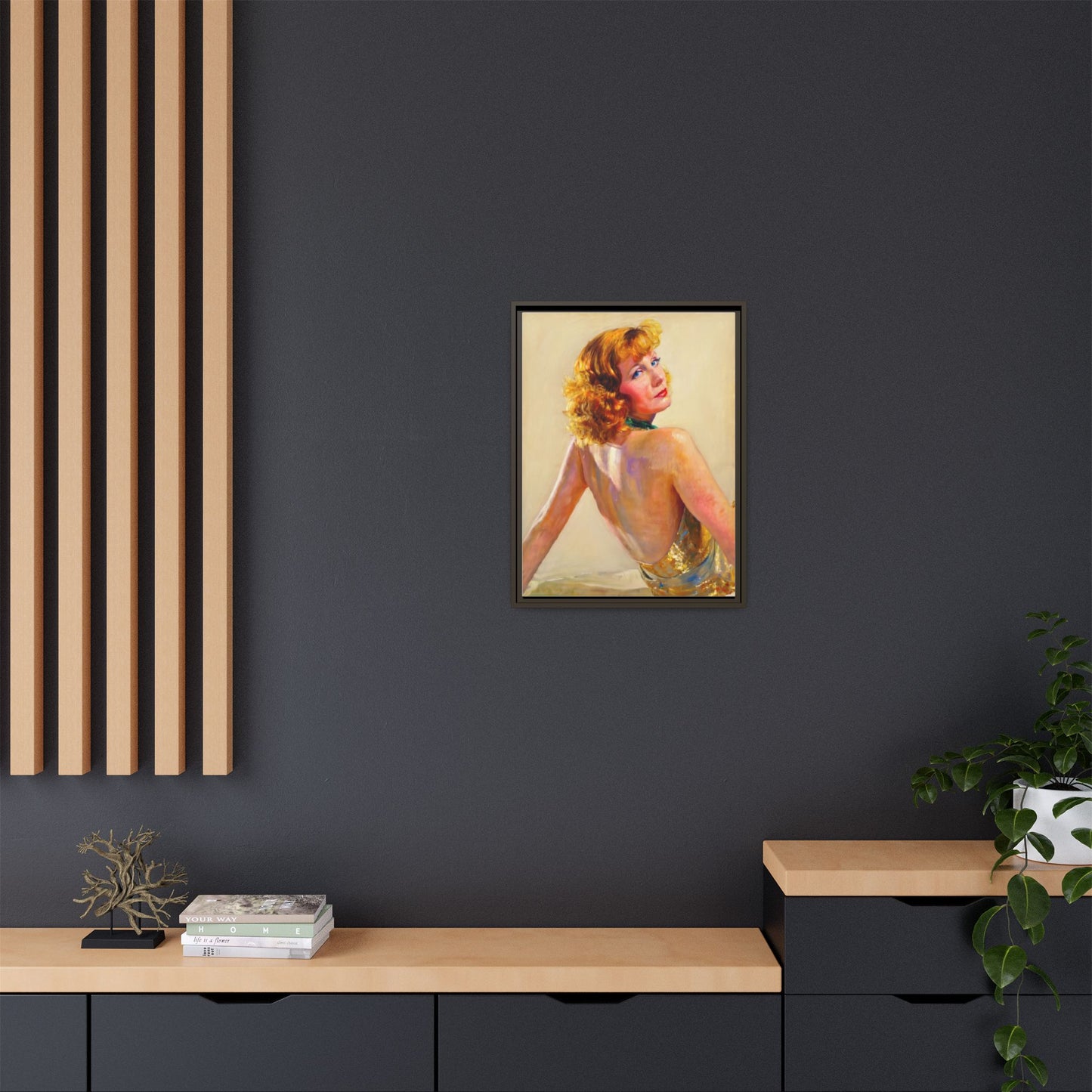 Framed Matte Canvas Print — Vintage Portrait of Redhead Greta Garbo in Gold Dress