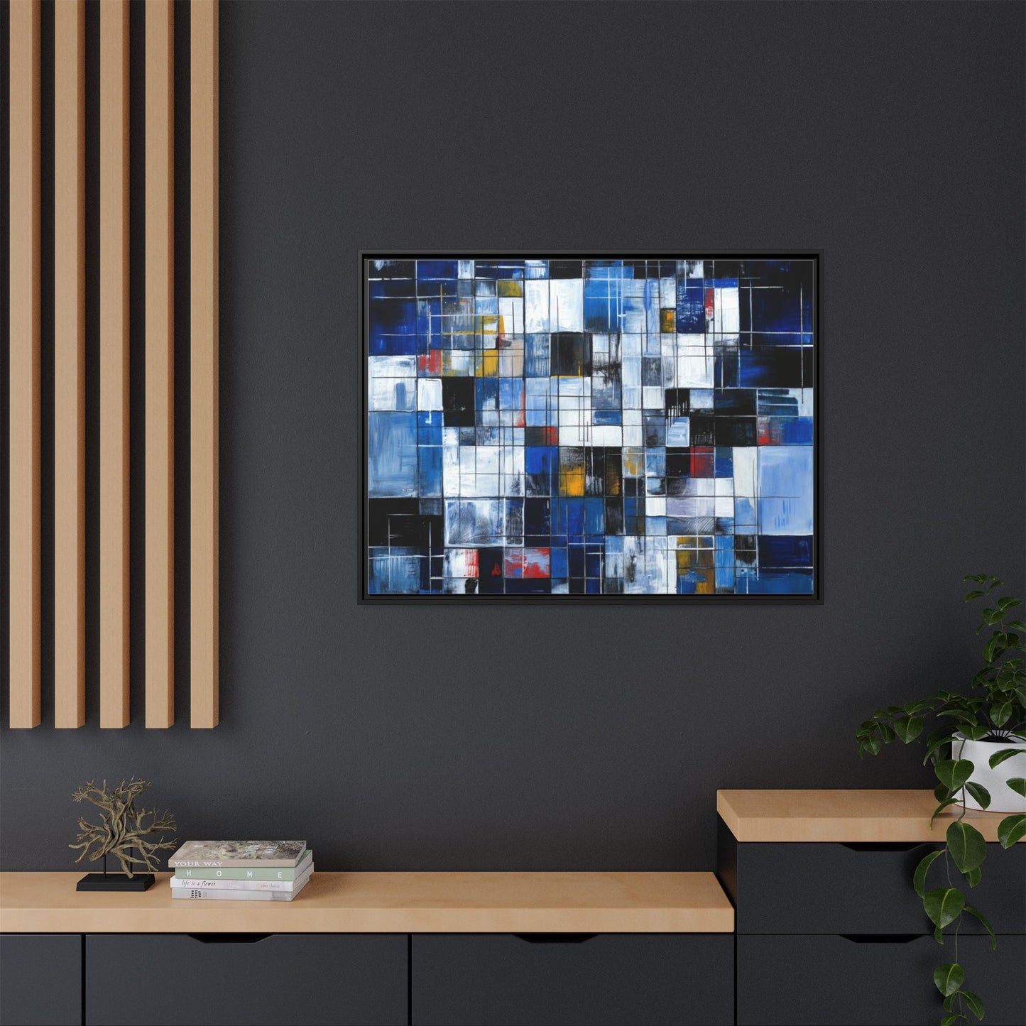 Abstract Blue Grid Matte Canvas Framed Art Print