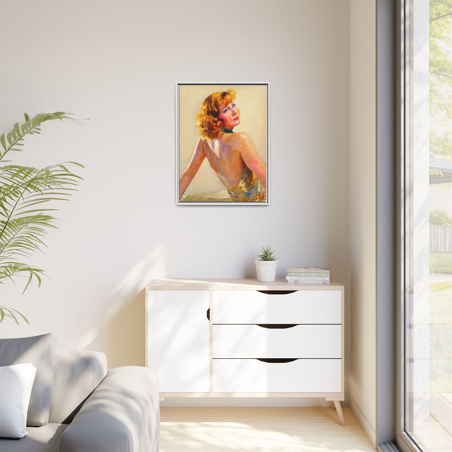 Framed Matte Canvas Print — Vintage Portrait of Redhead Greta Garbo in Gold Dress
