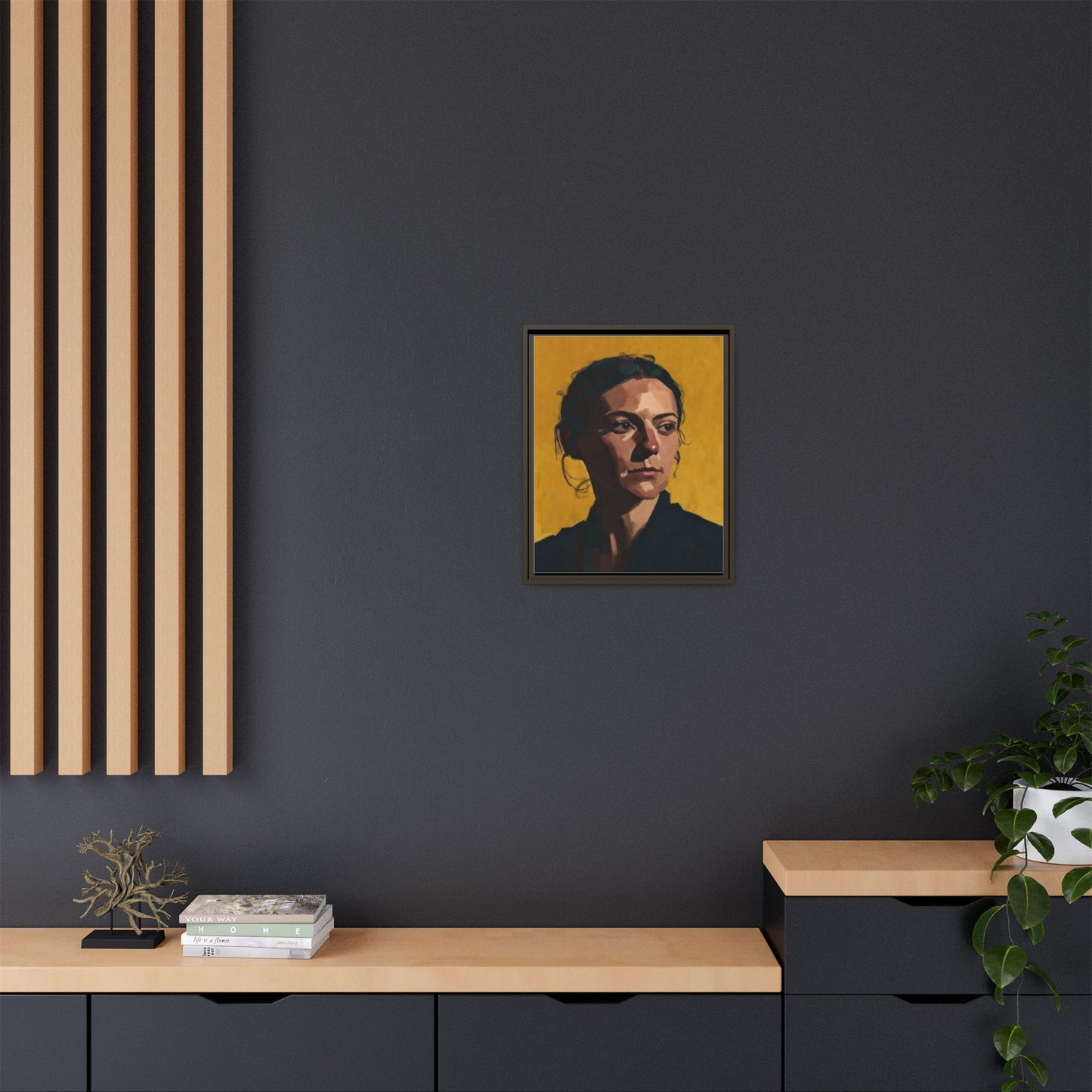 Framed Matte Canvas Portrait Art — Moody Woman on Mustard Background