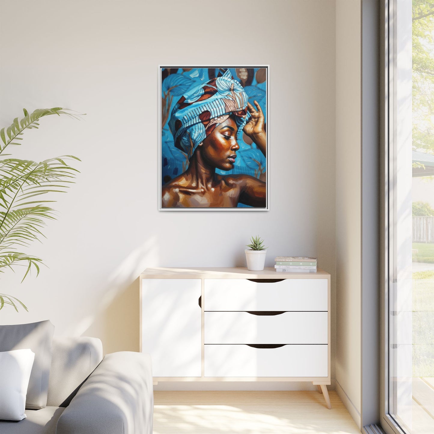 Framed Canvas Art — Portrait of Woman in Blue Headwrap