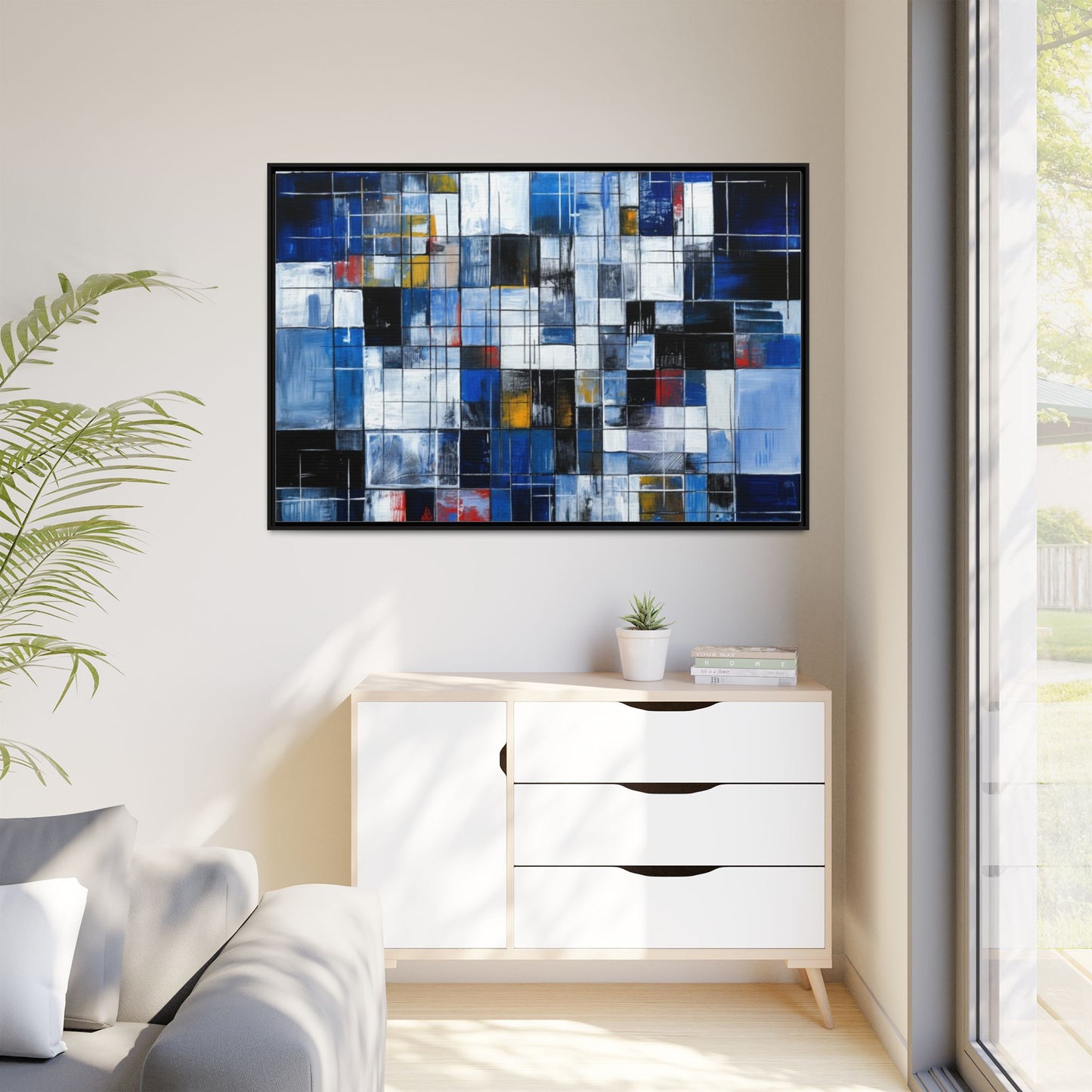 Abstract Blue Grid Matte Canvas Framed Art Print