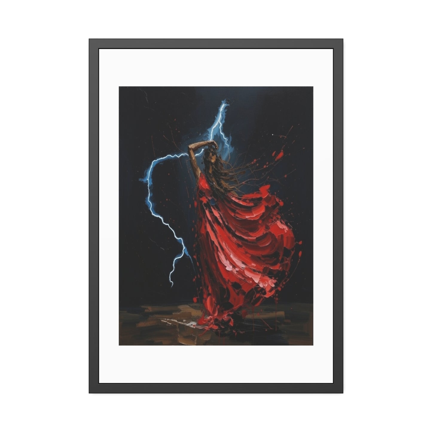 Framed Poster — Red-Dressed Dancer with Lightning Art Print