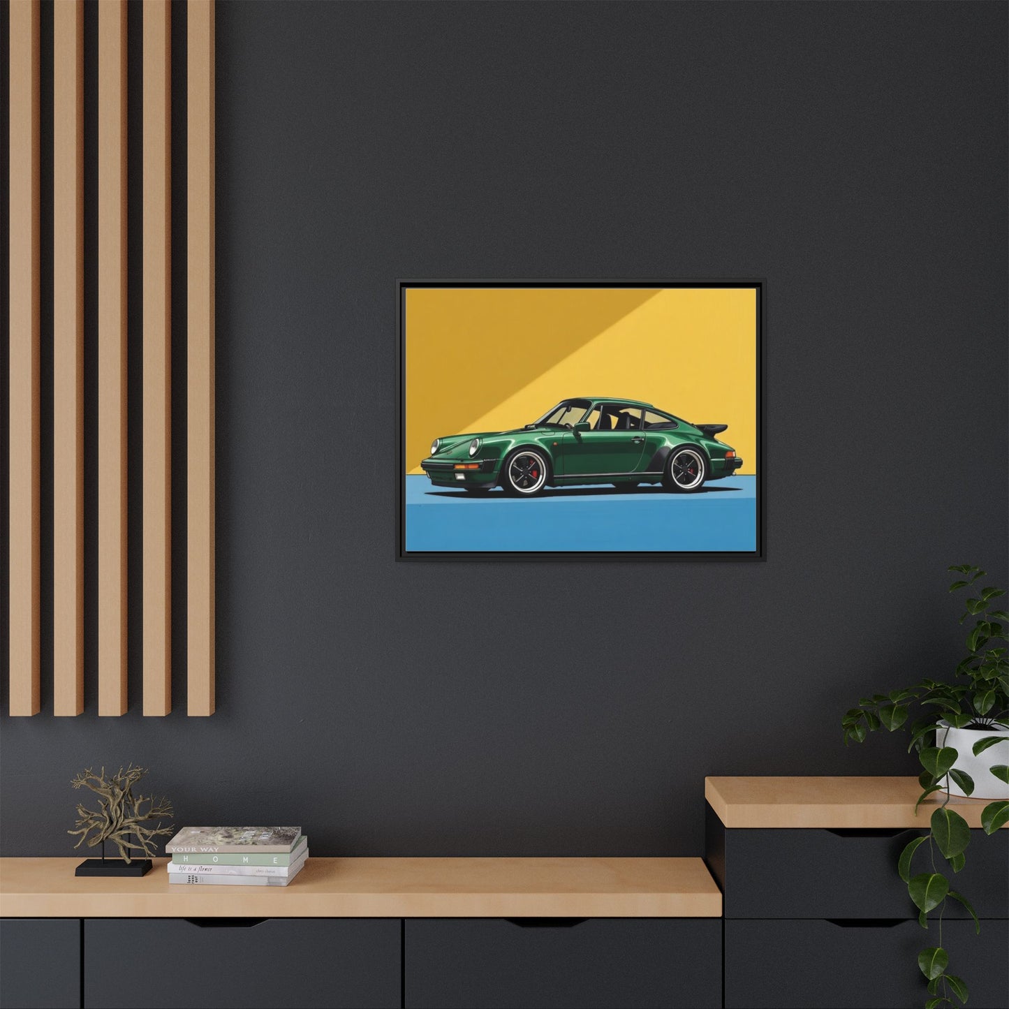 Framed Matte Canvas — Green Sports Car Wall Art
