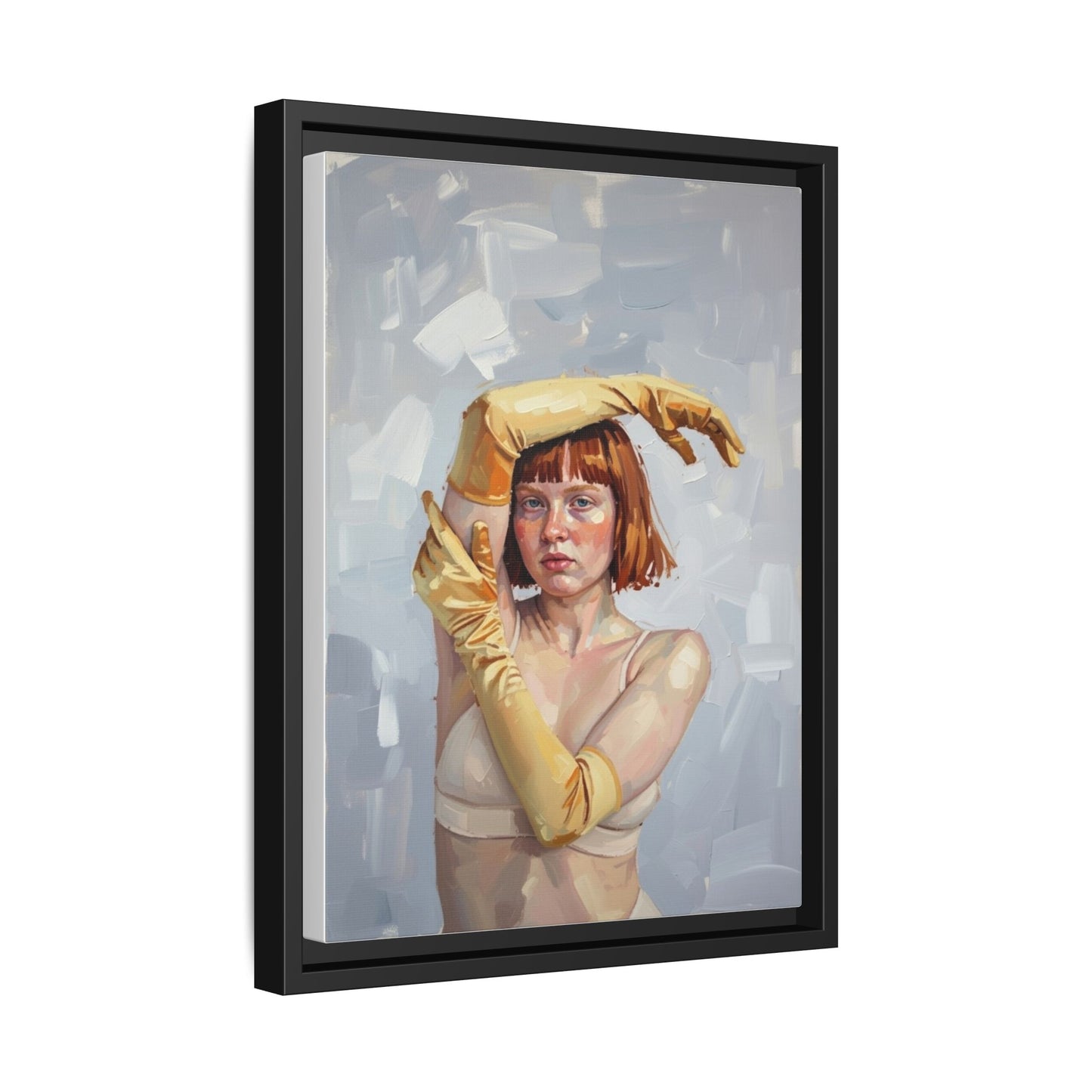 Contemporary Portrait Canvas Print — Woman with Yellow Gloves (Framed Matte)