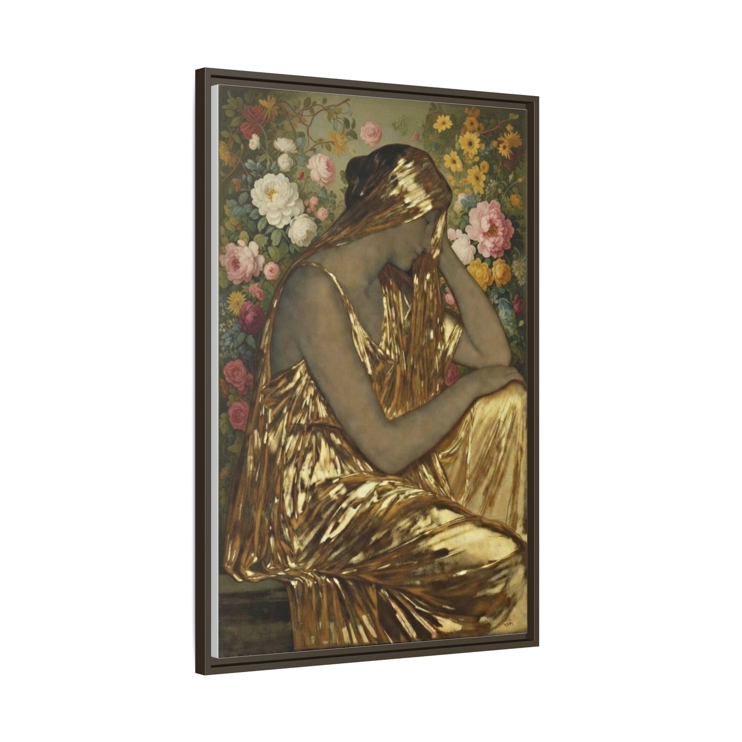 Framed Canvas Art Print — Golden Muse Woman with Floral Background