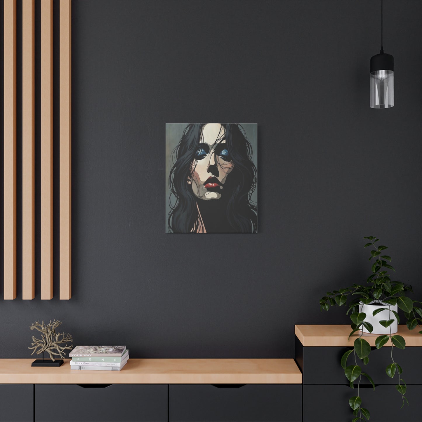 Dark Glam Portrait Canvas Art — Moody Woman Face Matte Stretched Wall Decor