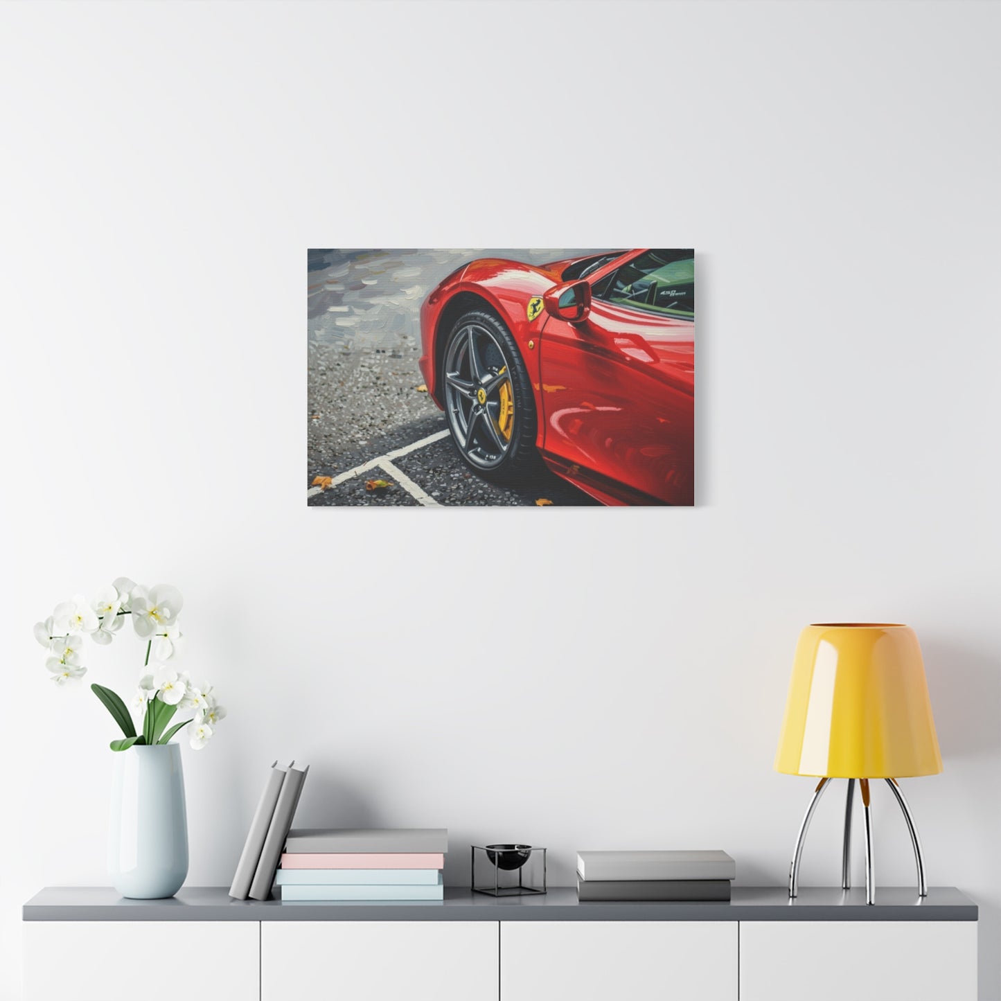 Red Sports Car Canvas Print — Ferrari Wheel Close-Up Matte Stretched Wall Art