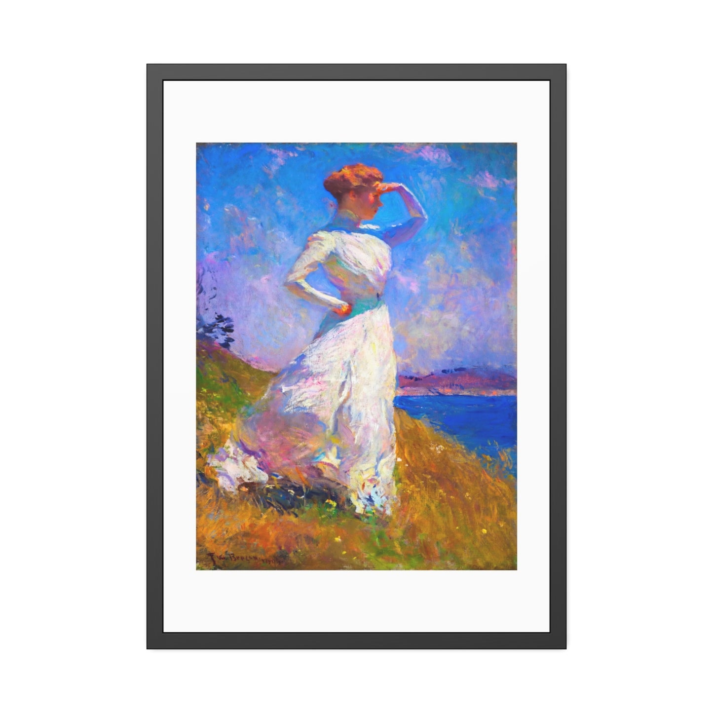Coastal Impressionist Framed Poster — Woman in White Seaside Art Print