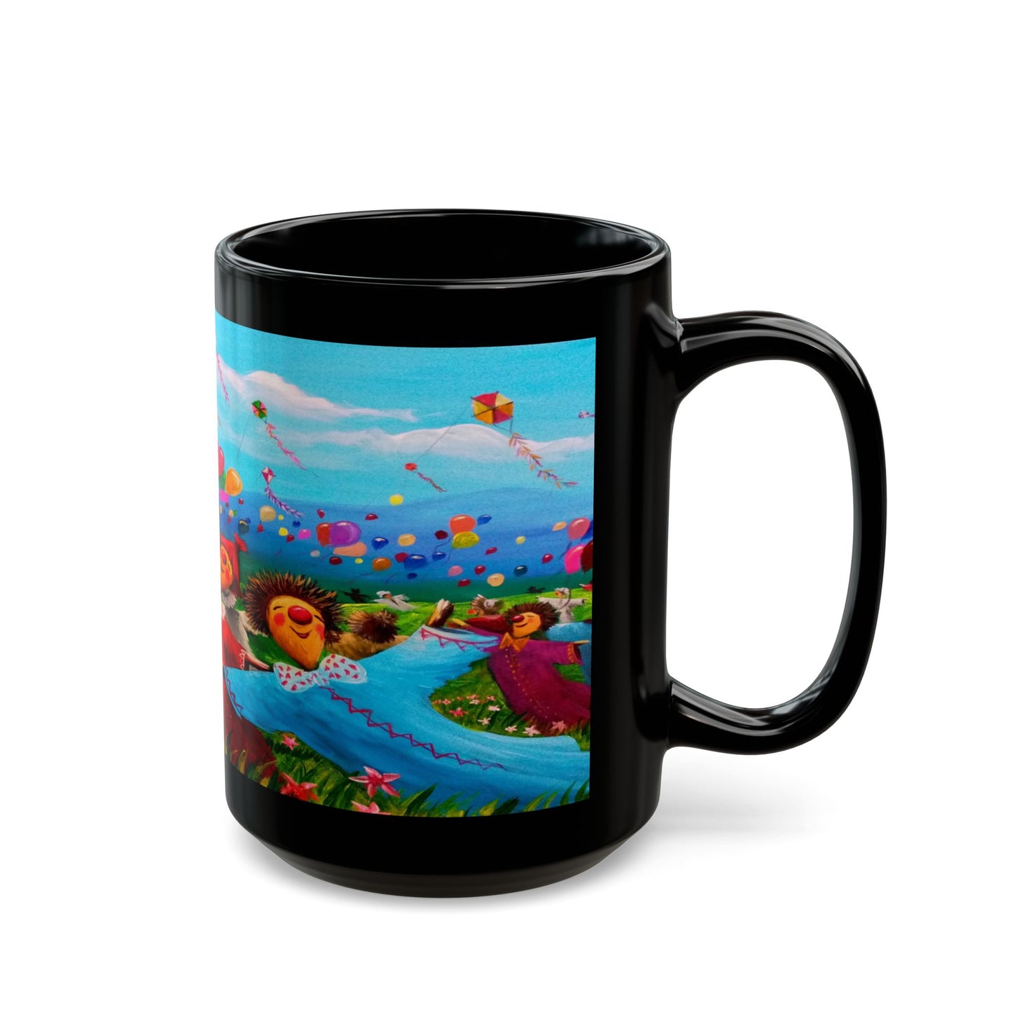 Black Ceramic Mug — Whimsical Kite Festival Art (11oz & 15oz)