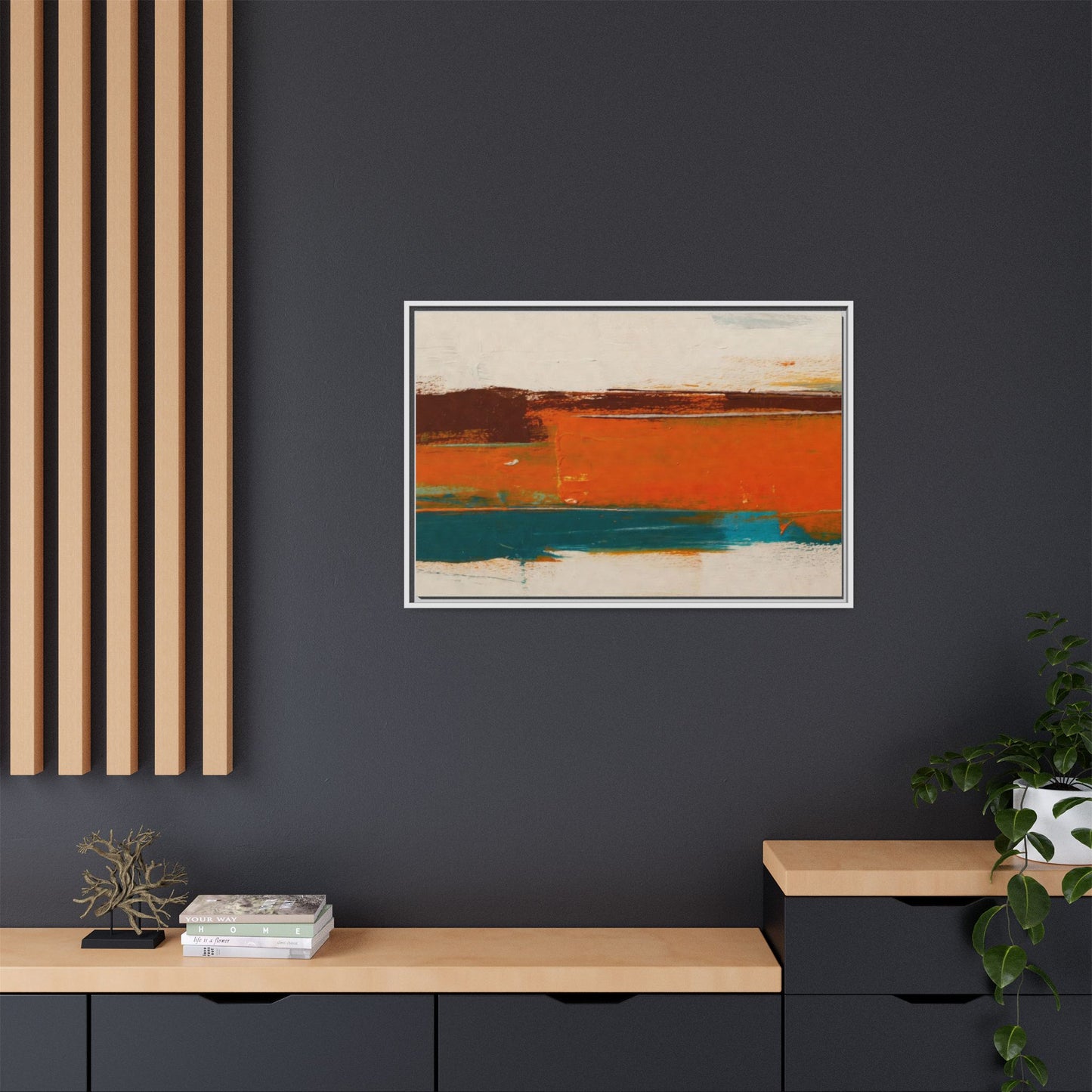 Abstract Horizon Matte Canvas Framed Print — Modern Orange Teal Wall Art