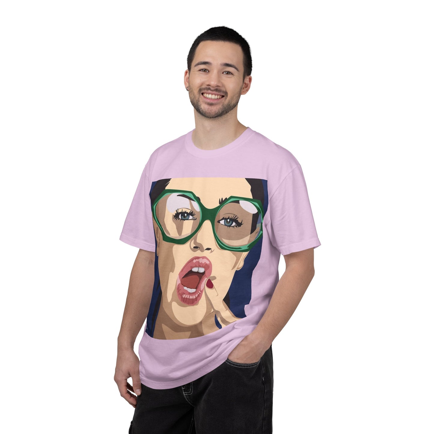 Pop Art Woman Graphic T‑Shirt — Retro Chic Green Glasses Design