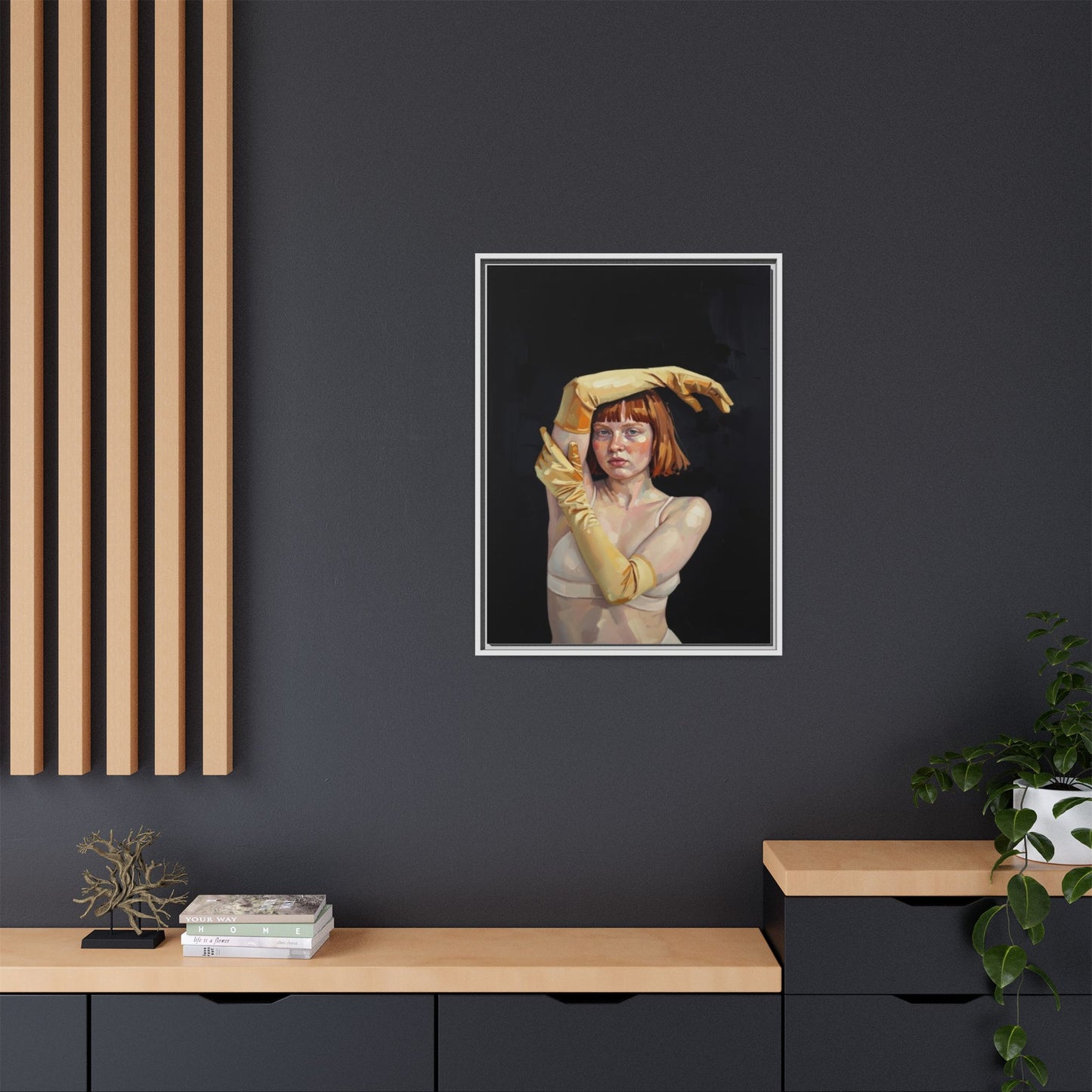 Framed Matte Canvas Art – Portrait of Woman in Yellow Gloves