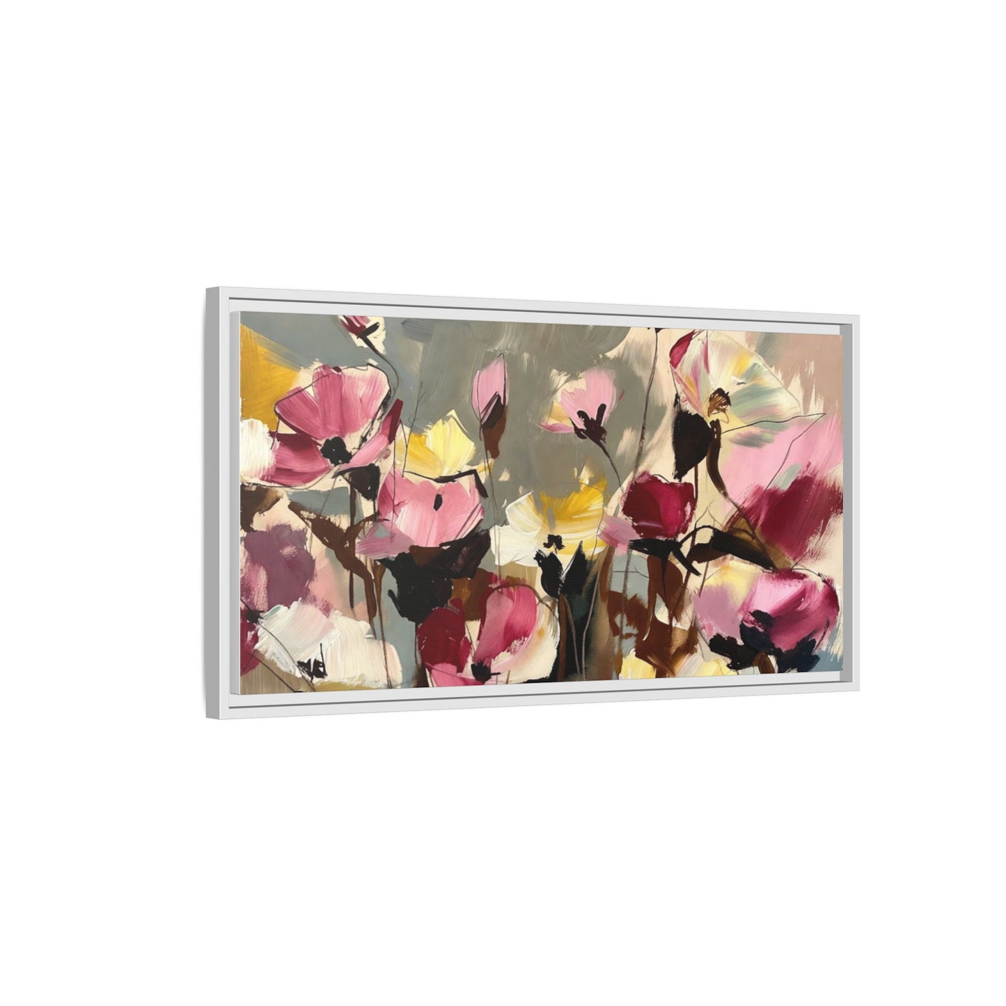 Framed Floral Canvas Wall Art — Abstract Pink & Yellow Flowers