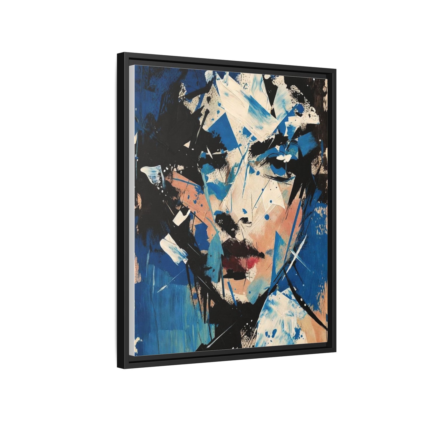 Abstract Portrait Matte Canvas Framed Wall Art — Blue Mixed-Media Face Print