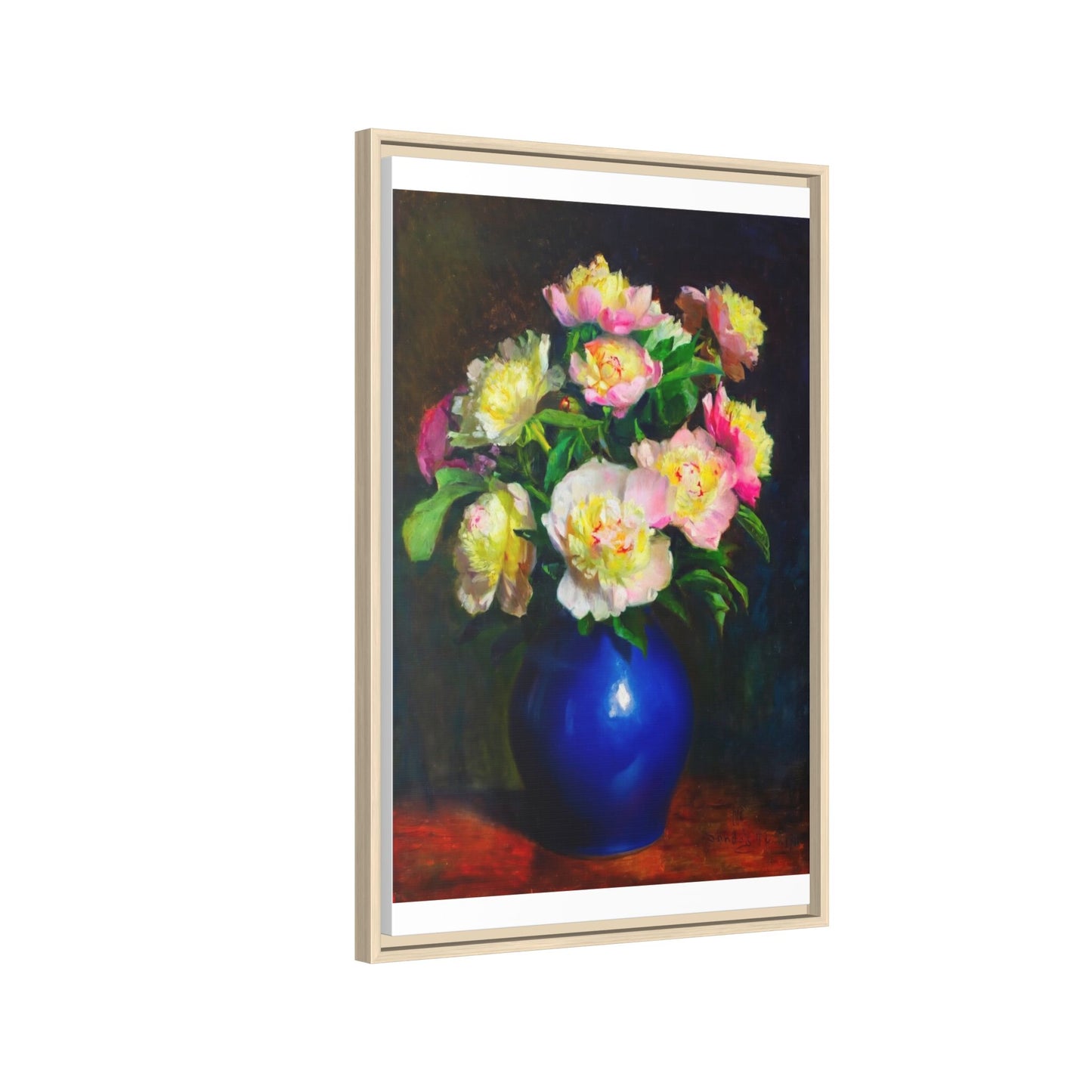 Framed Matte Canvas Wall Art — Vintage Floral Bouquet in Blue Vase