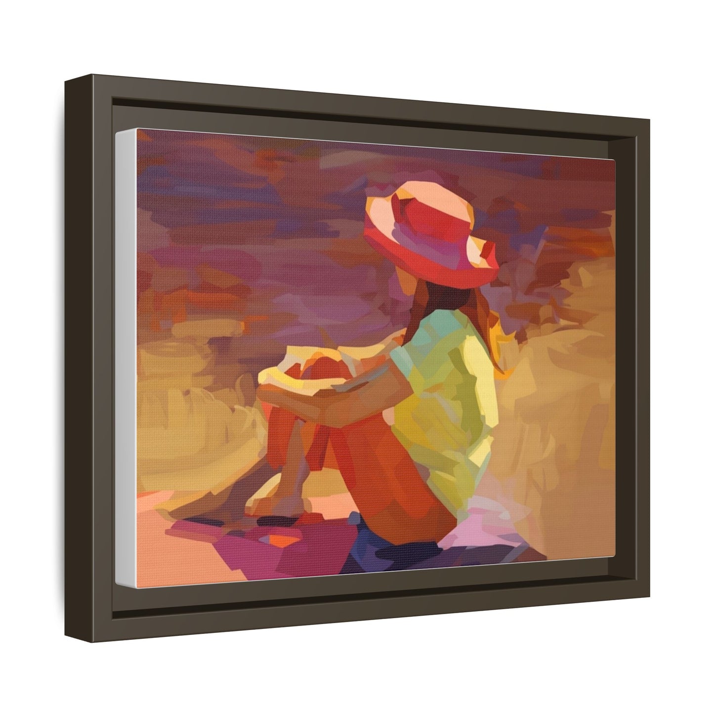 Framed Matte Canvas — Colorful Seated Girl Beach Art