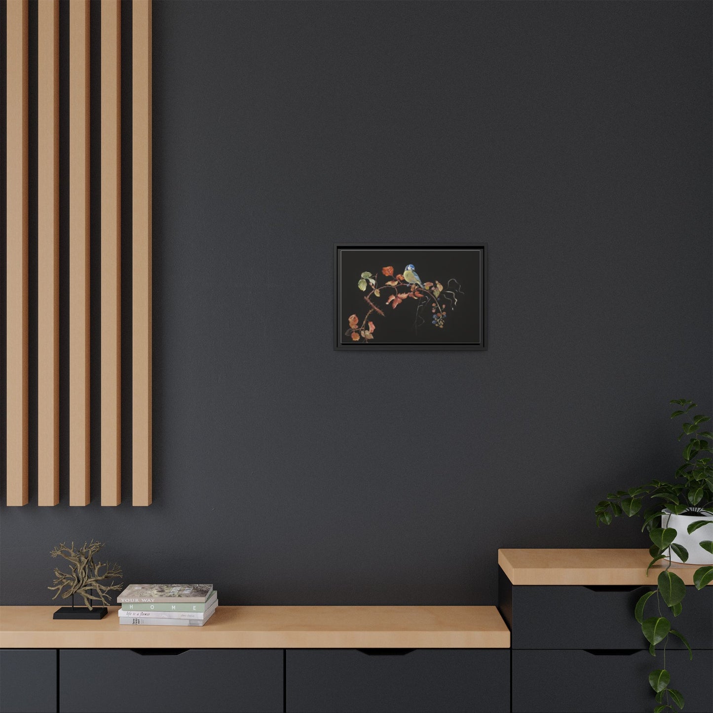 Framed Matte Canvas - Blue Tit on Autumn Branch Wall Art